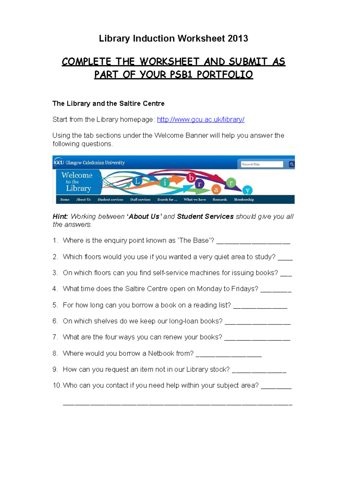 Library Worksheet 2013 copy - Library Induction Worksheet 2013 COMPLETE ...