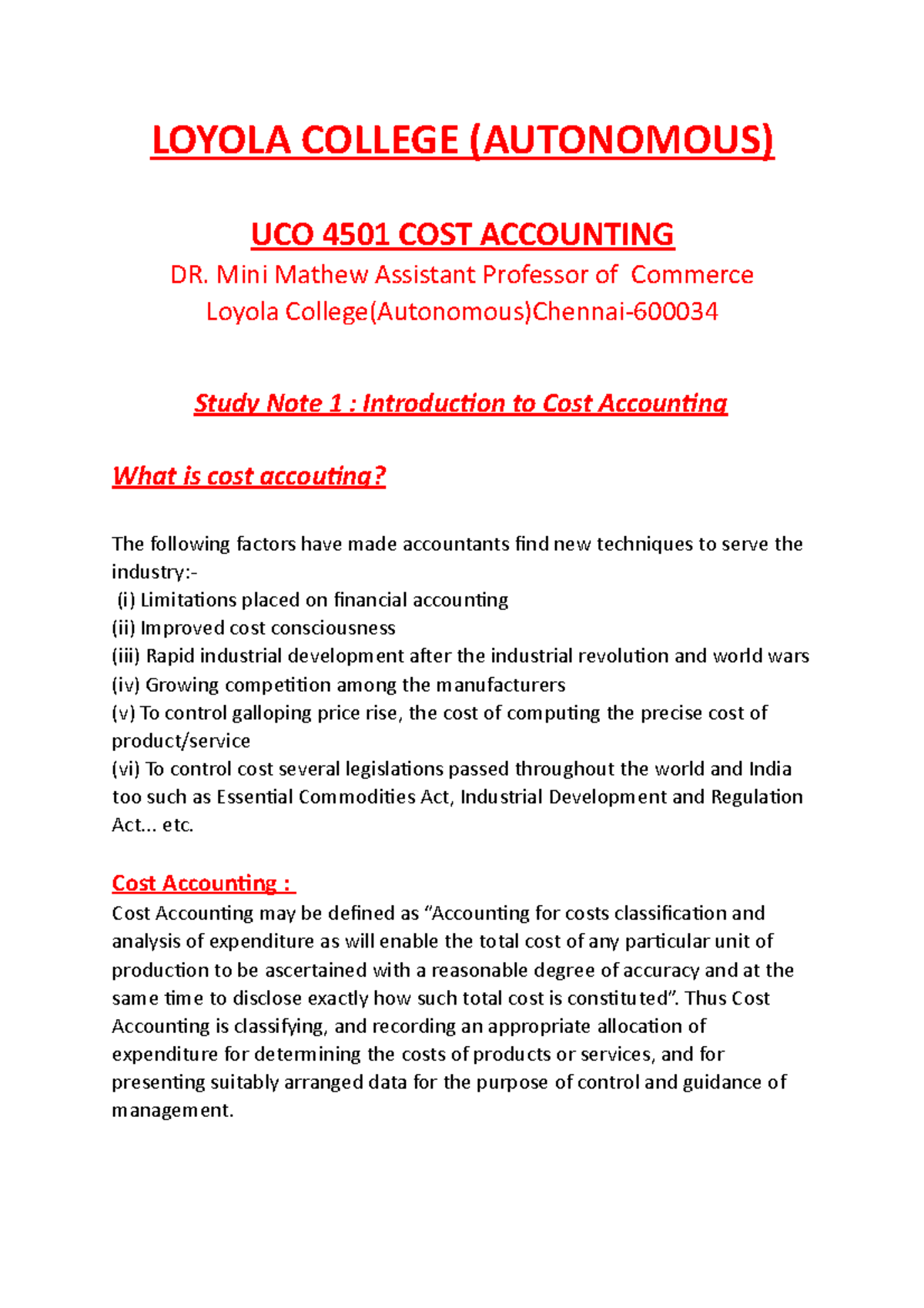 UCO 4501 COST Accounting introduction to cost accounting LOYOLA
