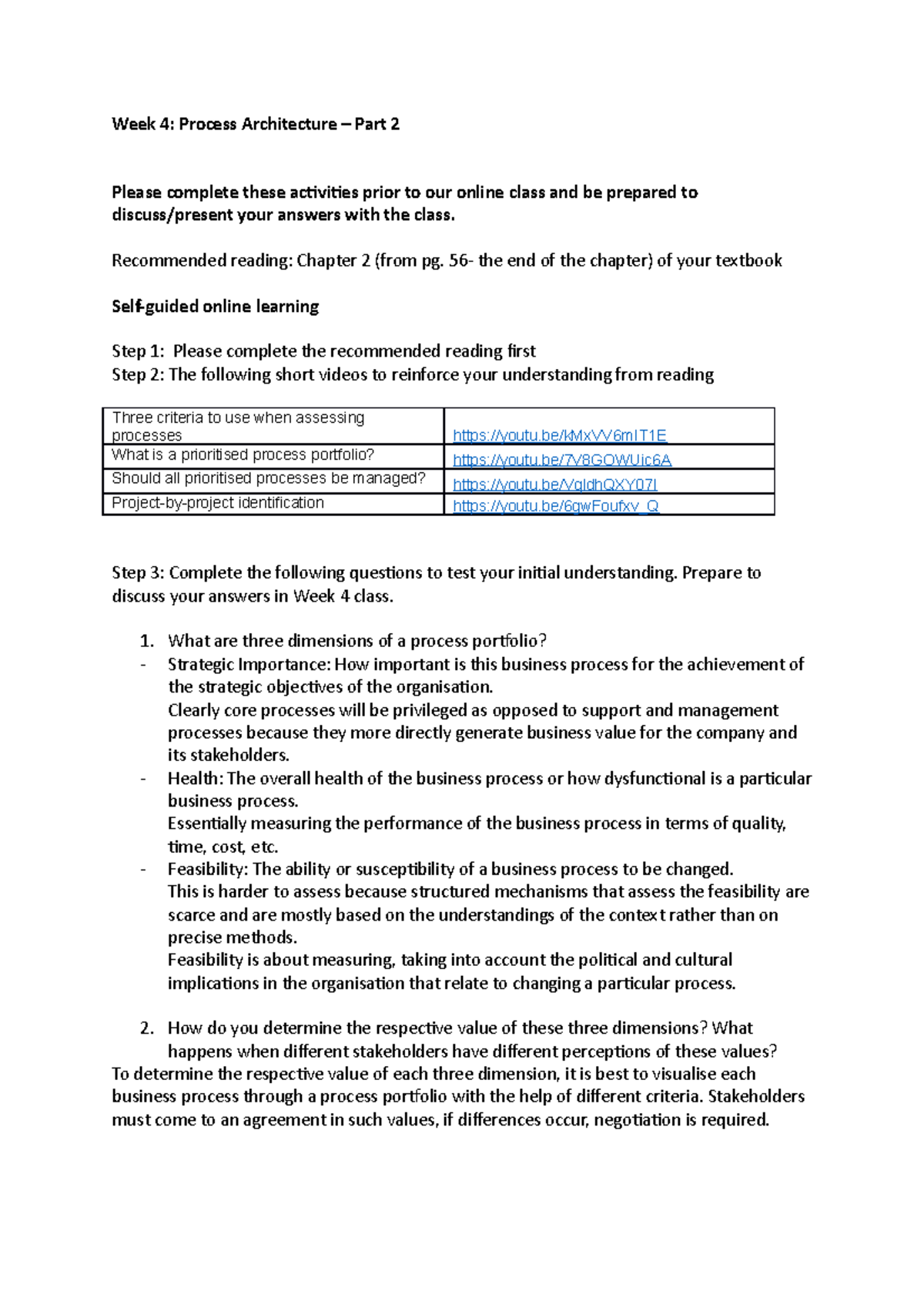 Week 4 Online activities - Week 4: Process Architecture – Part 2 Please ...