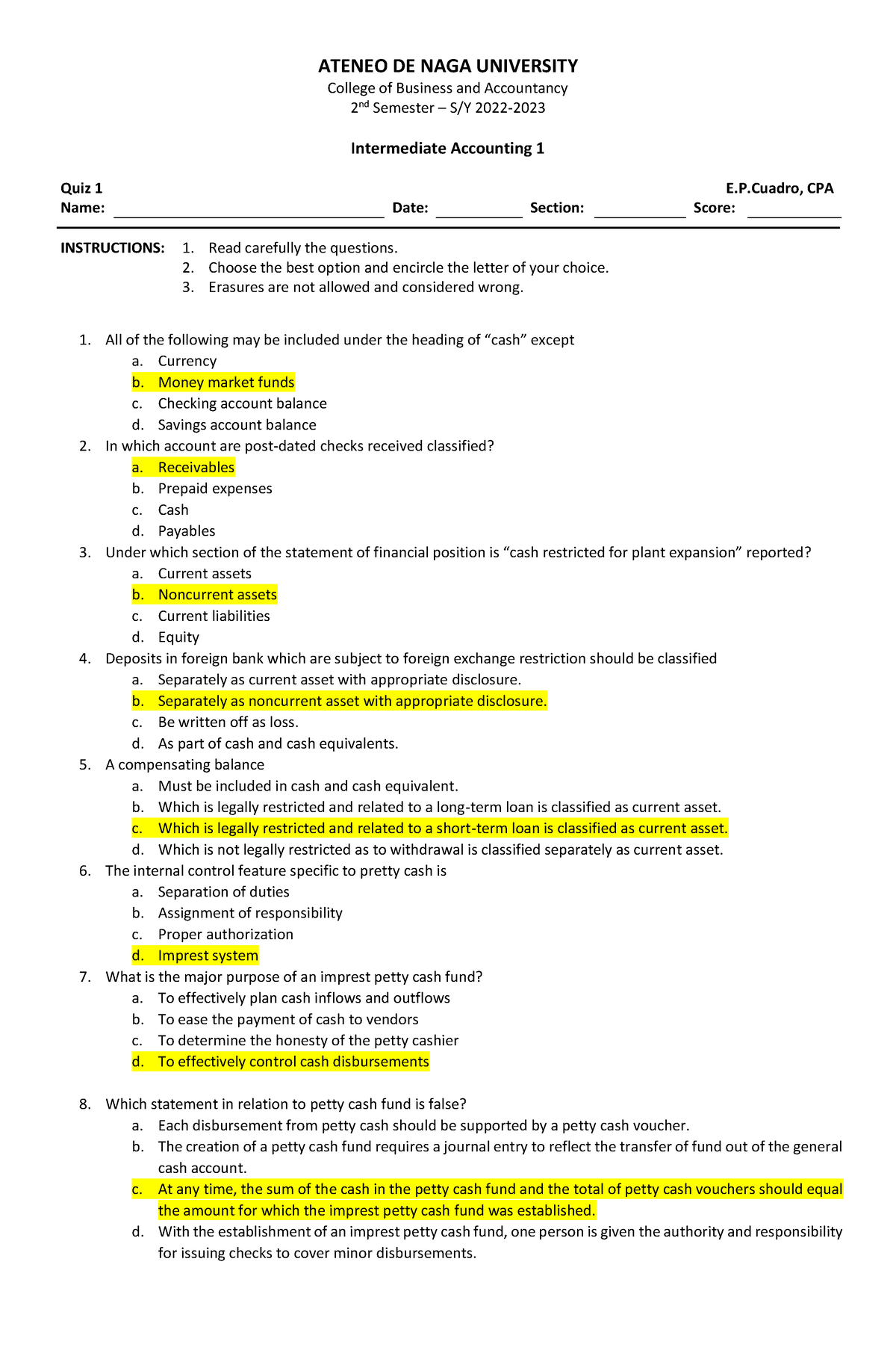 Quiz 1 With Answers - For practice sets - Bachelor of Science in ...