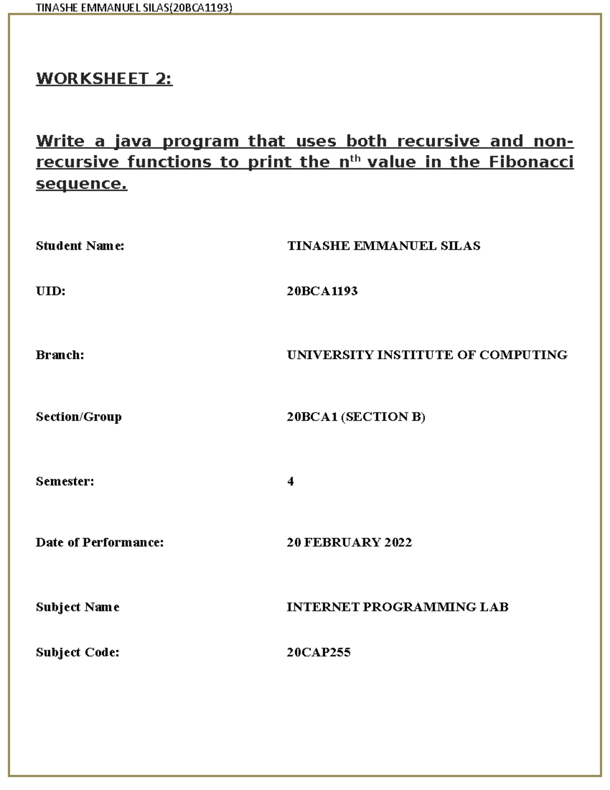20BCA1193 Experiment 2 Internet Programming LAB - WORKSHEET 2: Write a ...