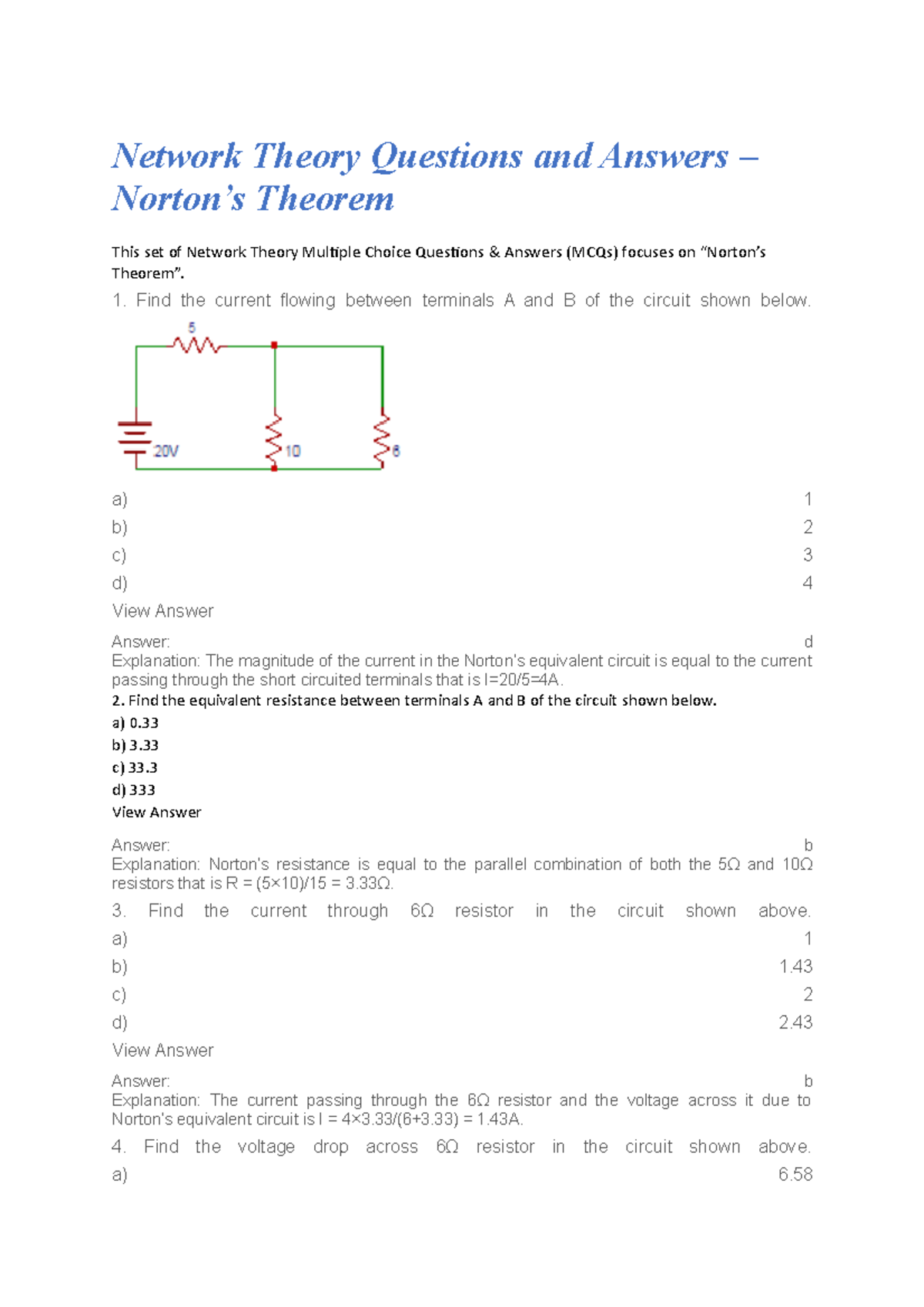 Norton's Theorem Problems Network Theory Questions and Answers
