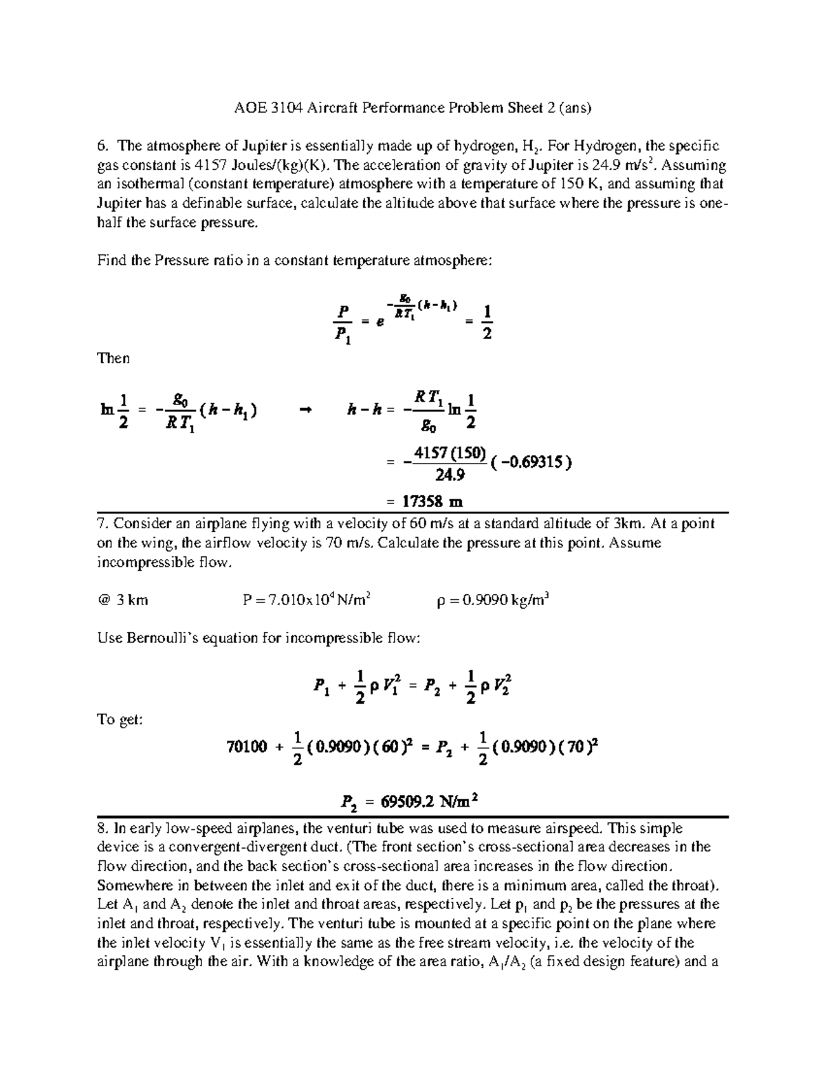 Virginina tech aero2000 worksheet - AOE 3104 Aircraft Performance ...