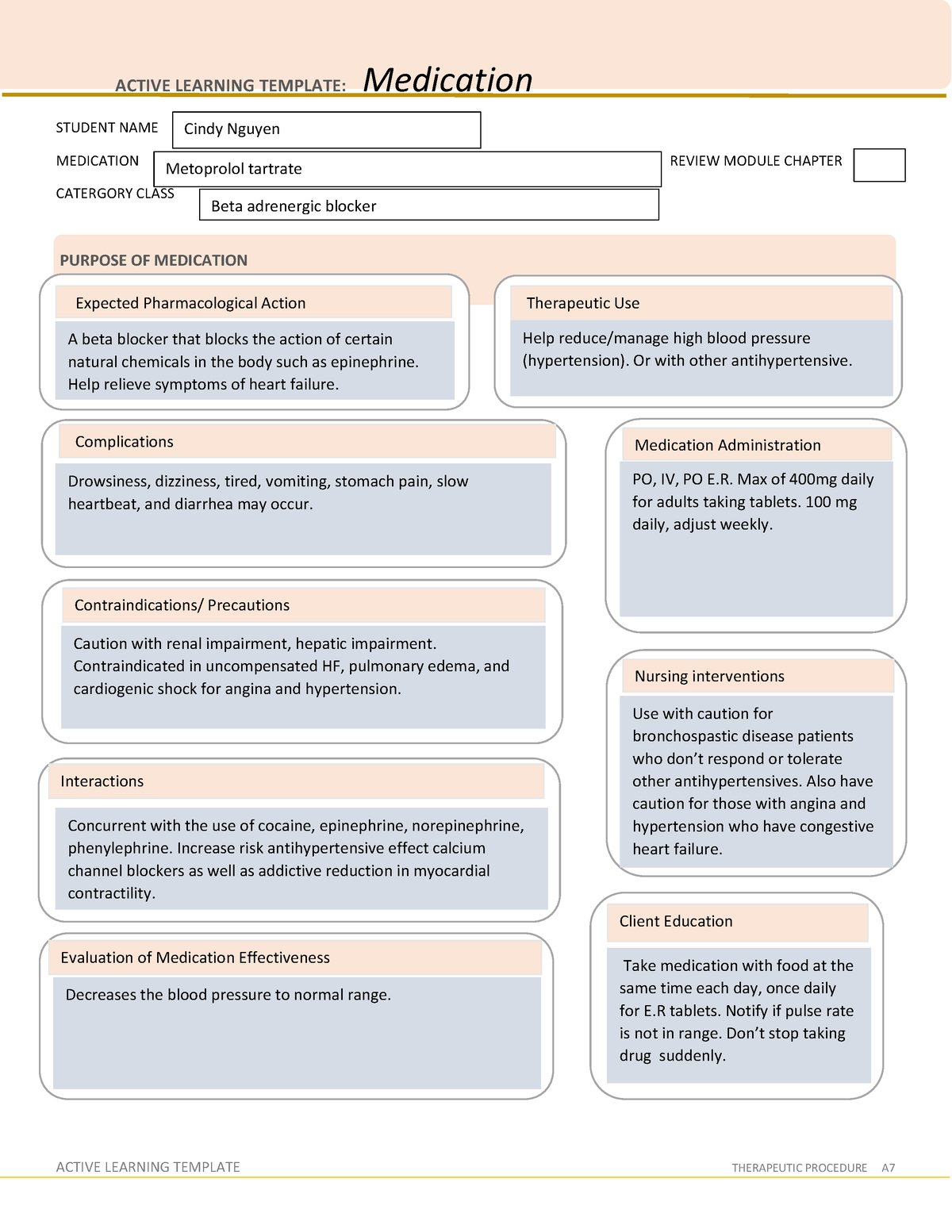 Metoprolol tartrate medication ACTIVE LEARNING TEMPLATE: Medication