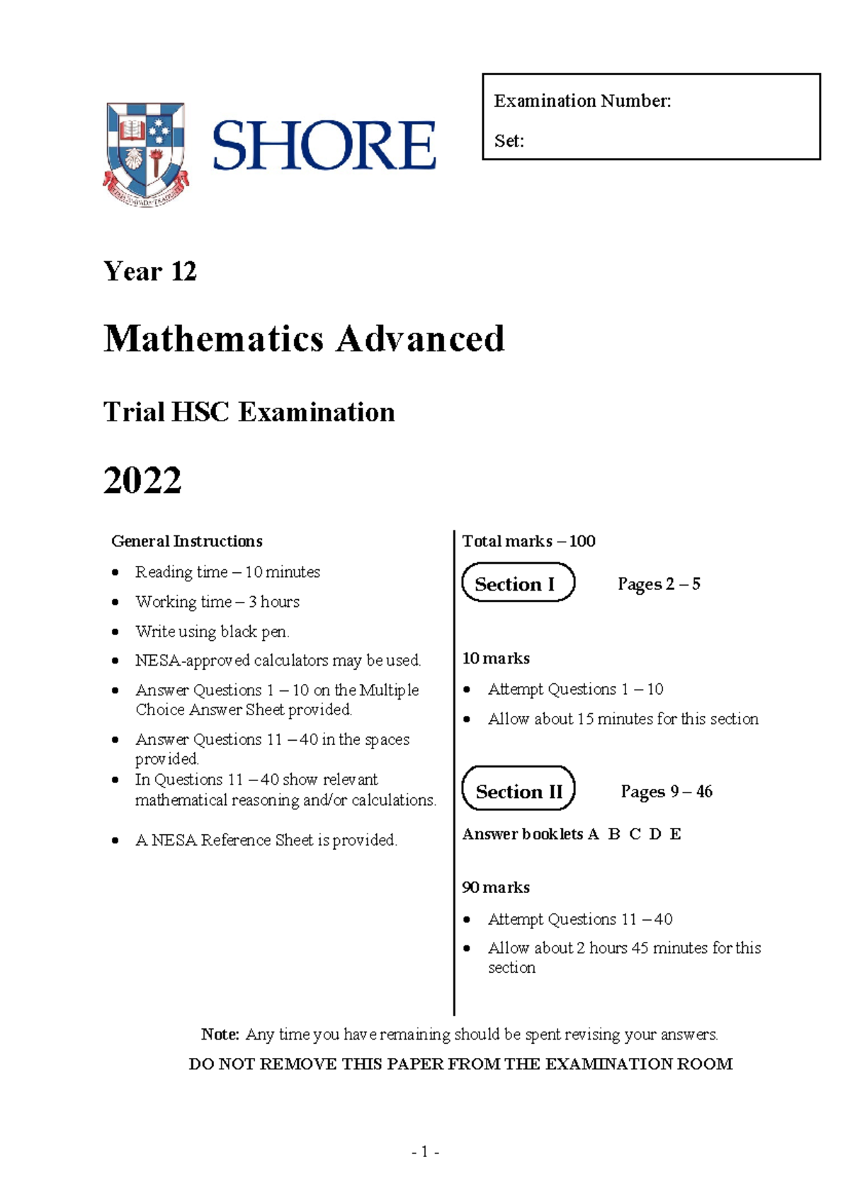 2022 - HSC - Task 4 - Trial HSC - Advanced - Year 12 Mathematics ...