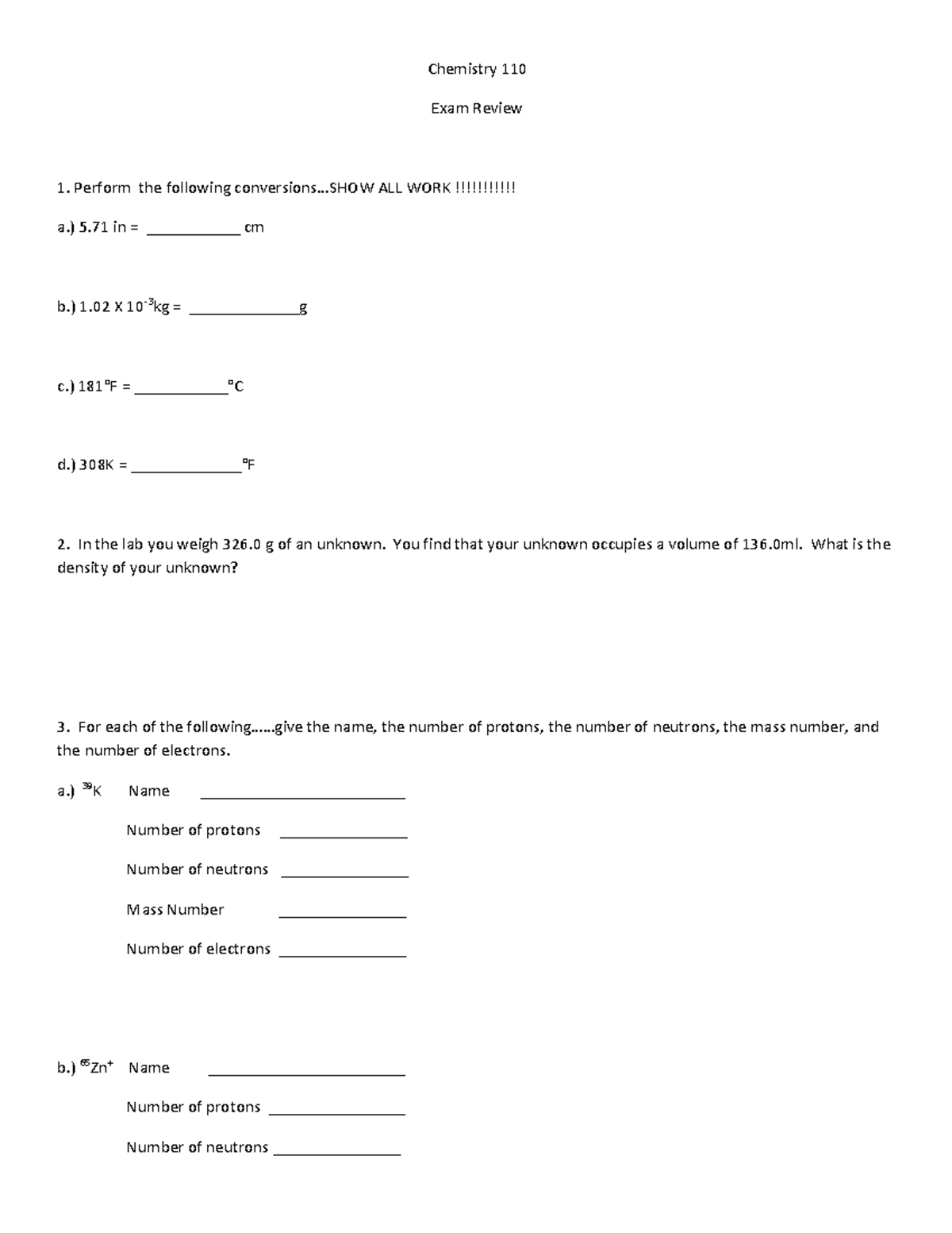 Chemistry 110 Final Exam Review - Chemistry 110 Exam Review Perform the ...