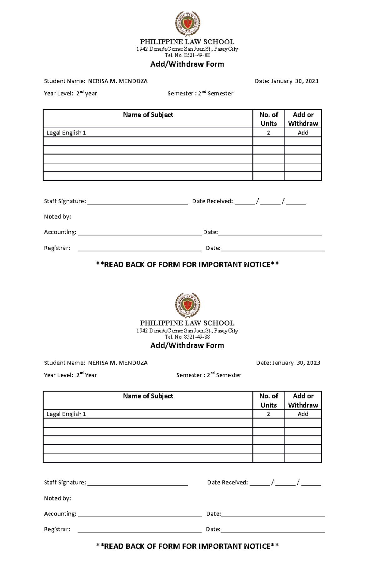 Add Form (PLS)- Nerisa M. Mendoza - PHILIPPINE LAW SCHOOL 1942 Donada ...