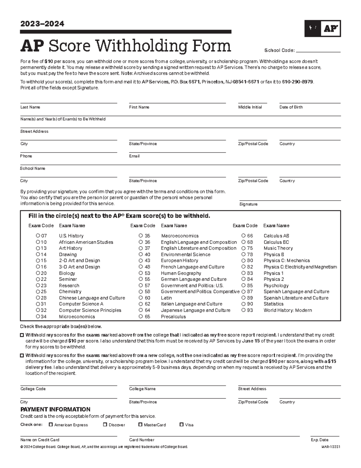 Ap score withholding form - 2023– AP Score Withholding Form School Code ...