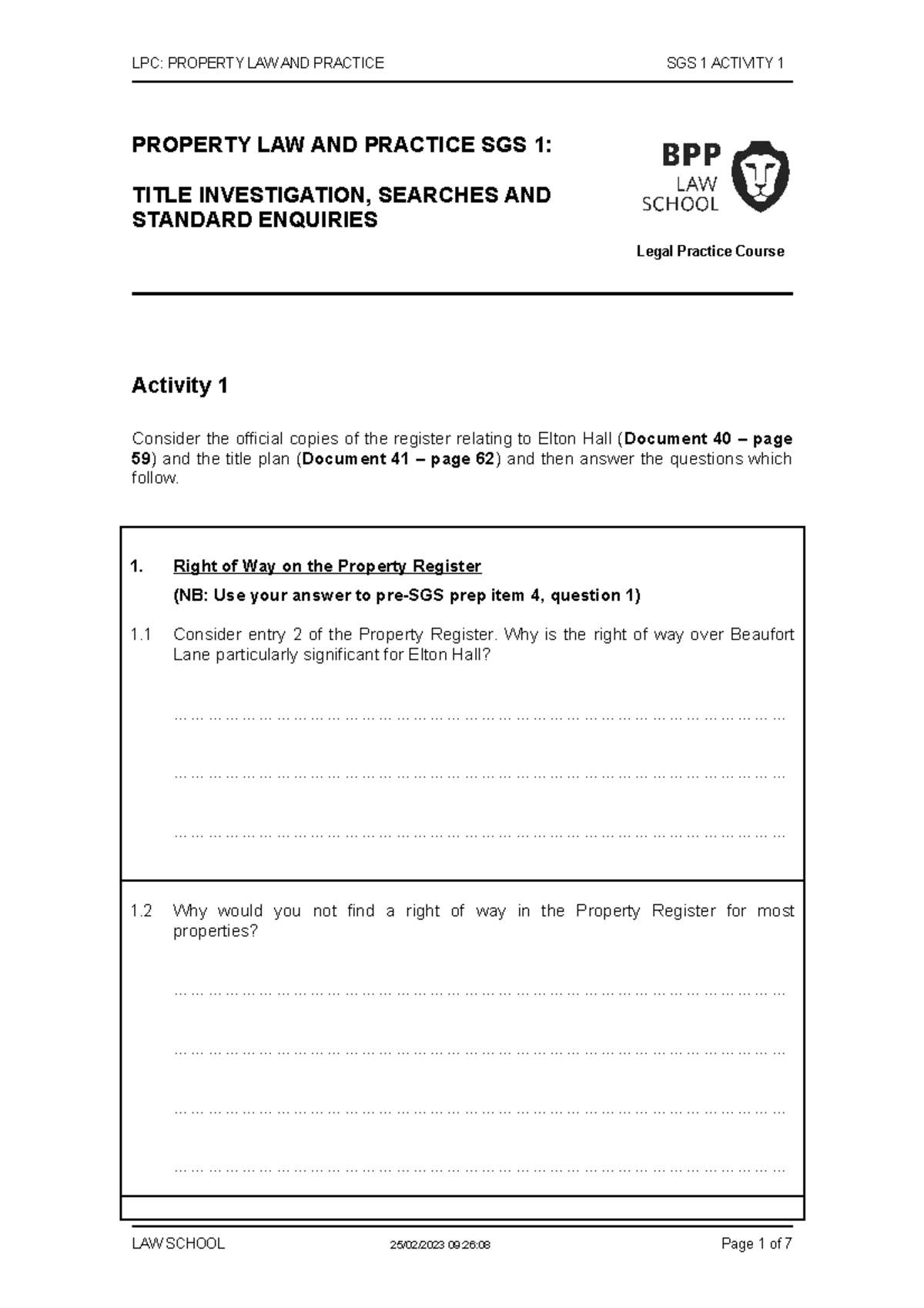Property SGS 1 Activity 1 2223 LPC PROPERTY LAW AND PRACTICE SGS 1
