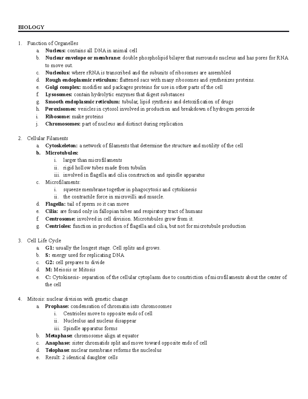 Nmatstudyguideupdatedpdf - BIOLOGY Function of Organelles a. Nucleus ...