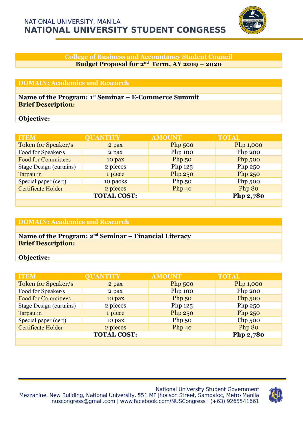 Budget Proposal Cbasc 2nd Term National University Student Government 