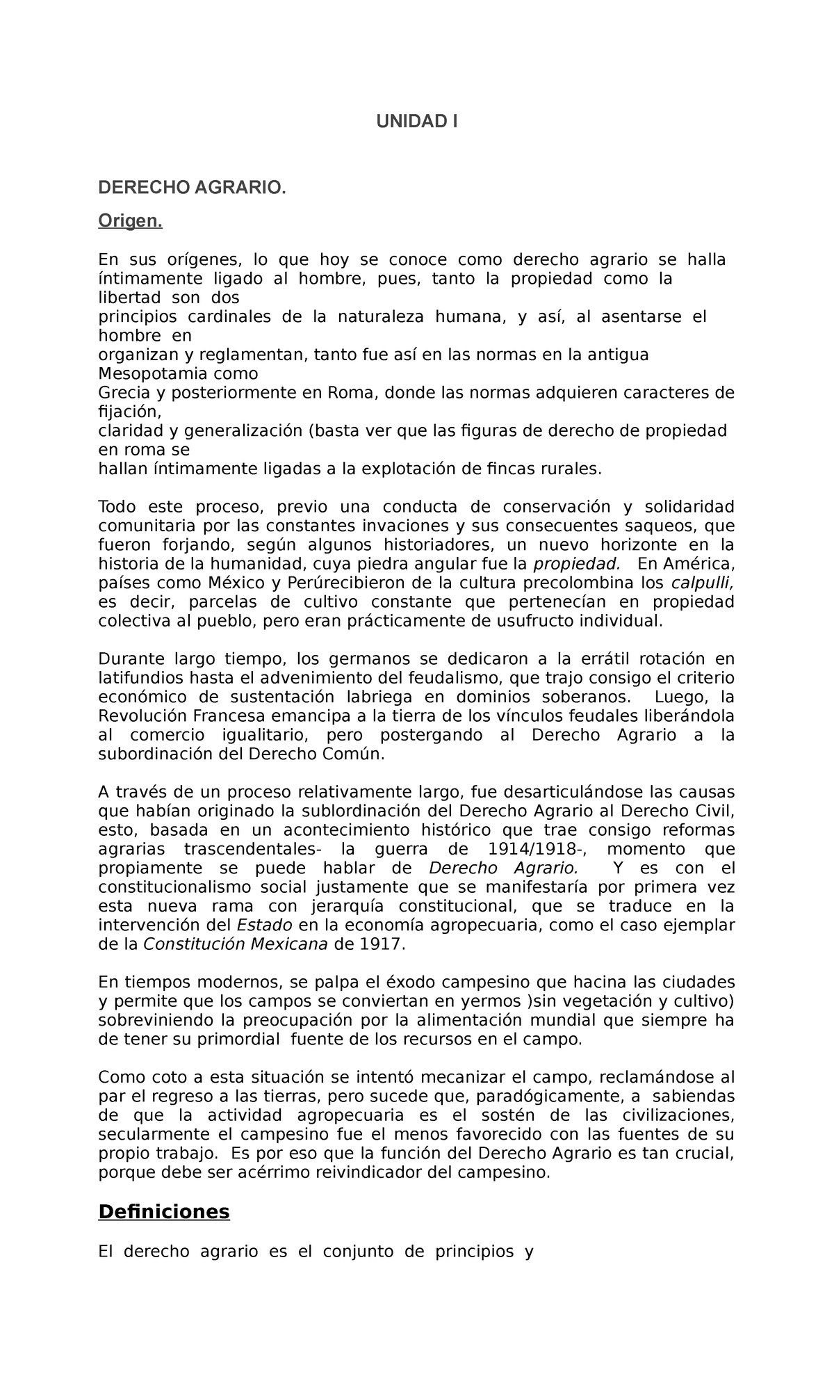 Unidad I - Derecho Agrario - UNIDAD I DERECHO AGRARIO. Origen. En Sus ...