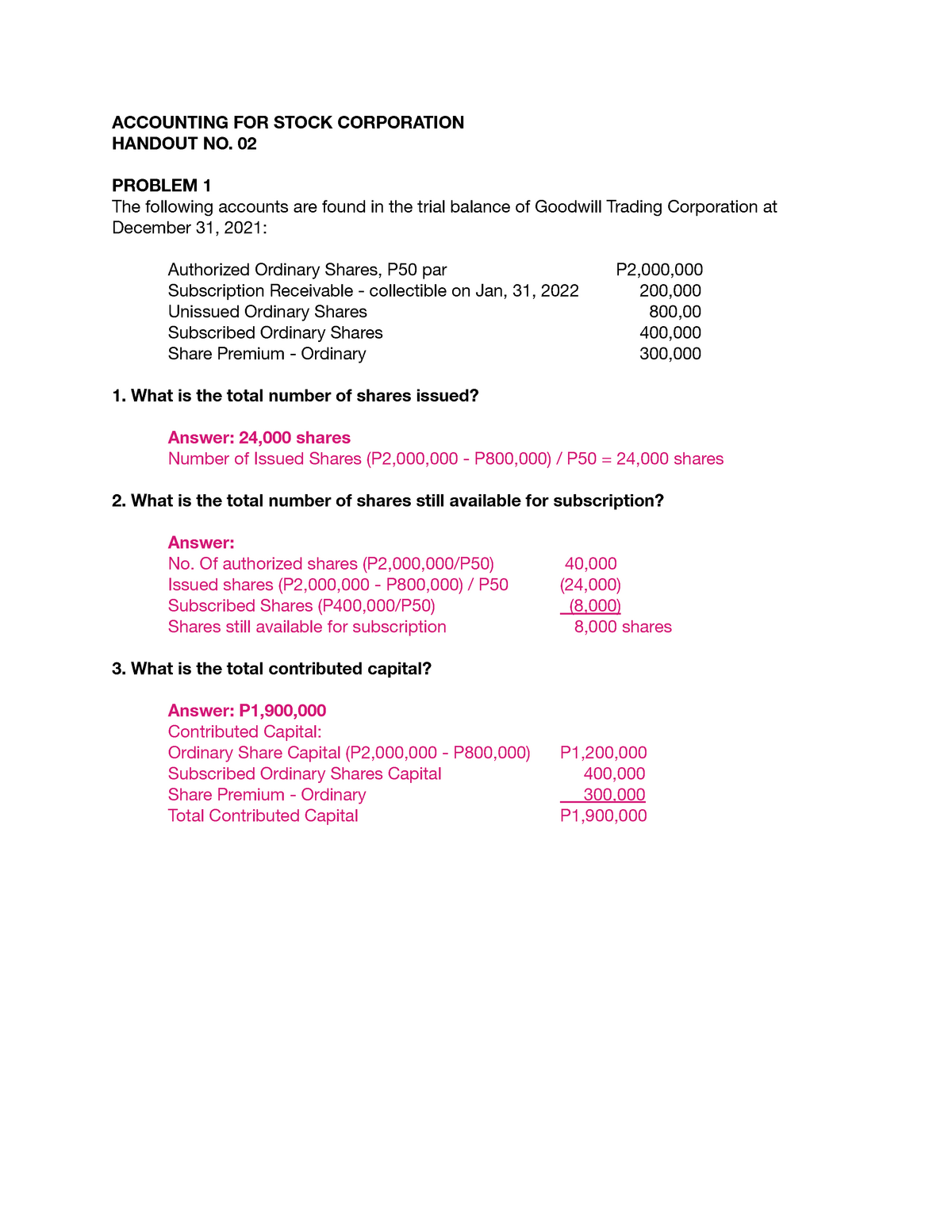 Corporation Handout 02 Practice Materials With Answers ACCOUNTING 