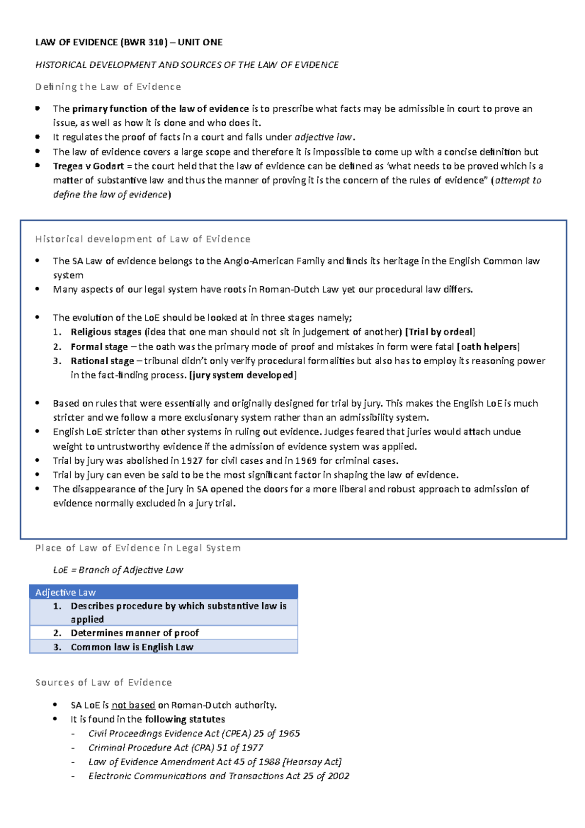 Theme 1 Notes 2021 - LAW OF EVIDENCE (BWR 310) – UNIT ONE HISTORICAL ...
