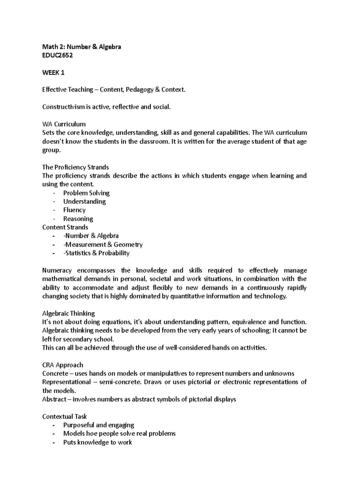 Math 2 Lecture Notes - Math 2: Number & Algebra EDUC WEEK 1 Effective ...