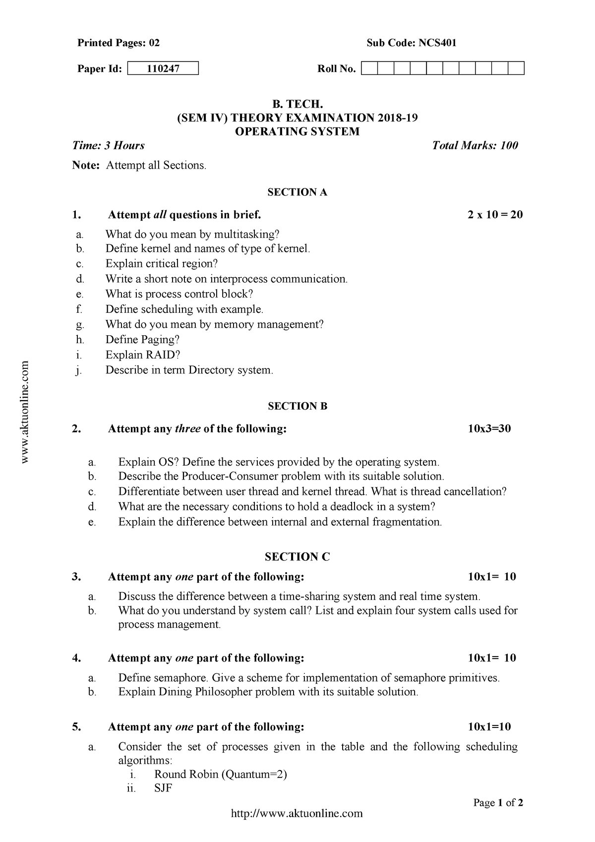 Btech Cs 4 Sem Operating System Ncs401 2019 - Printed Pages: 02 Sub ...