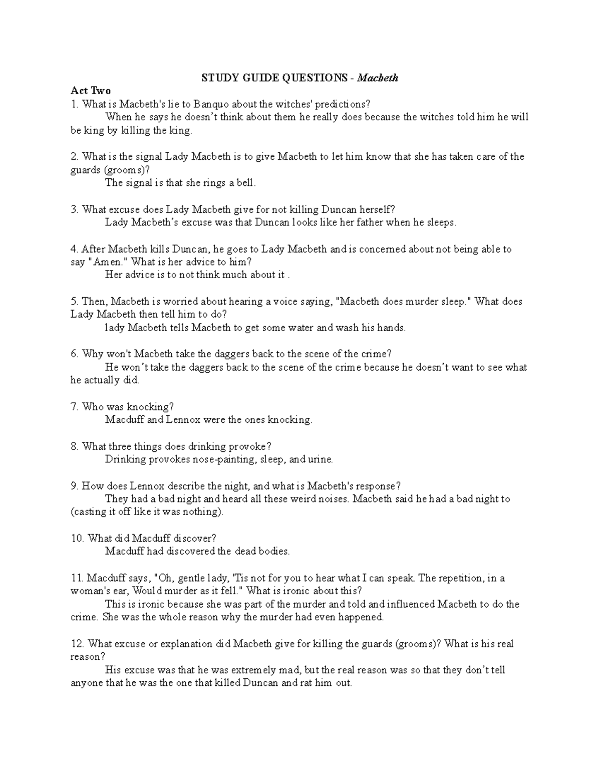 Macbeth Act 2 Questions - STUDY GUIDE QUESTIONS - Macbeth Act Two What ...