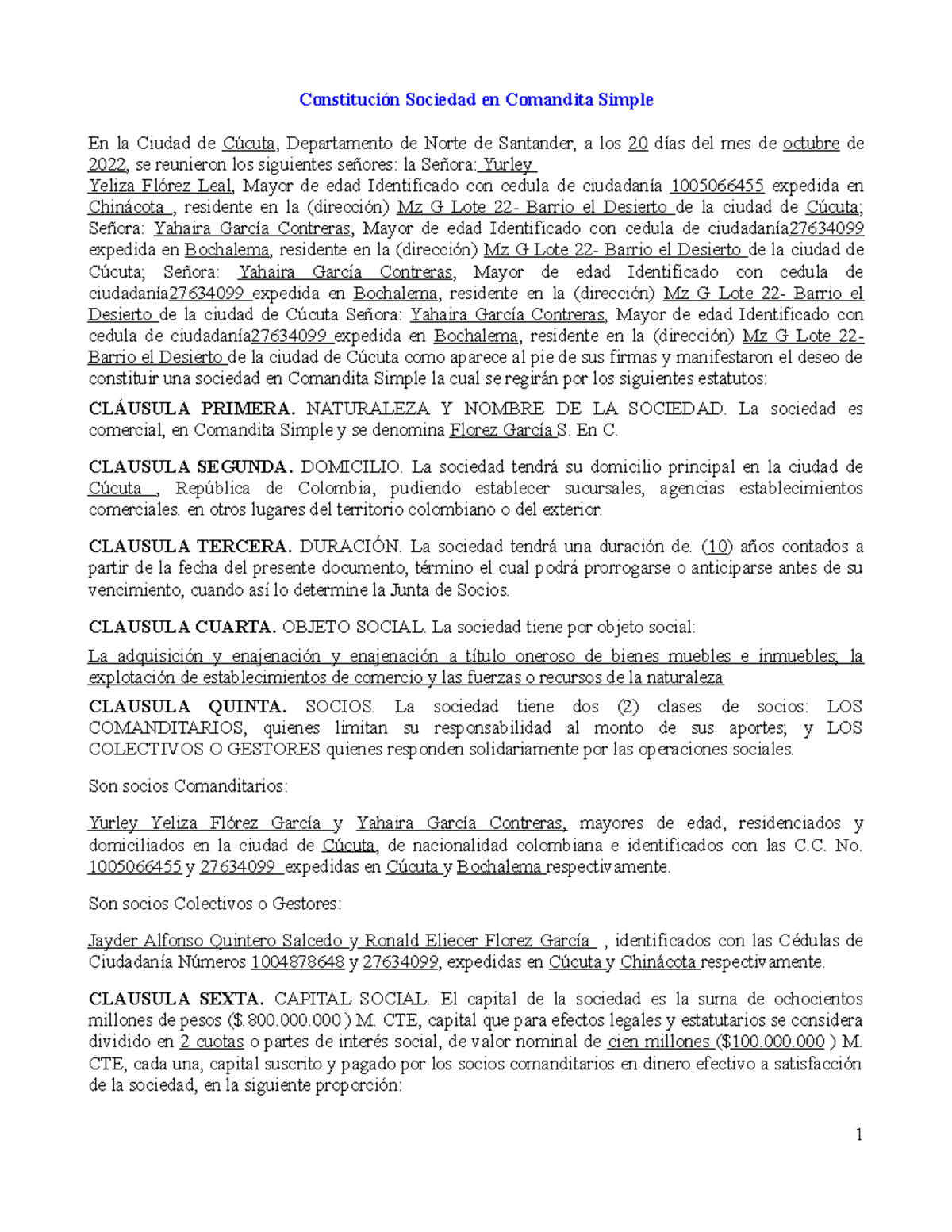 Modelo De Acta De Constitucion De Una Sociedad En Comandita Simple ...