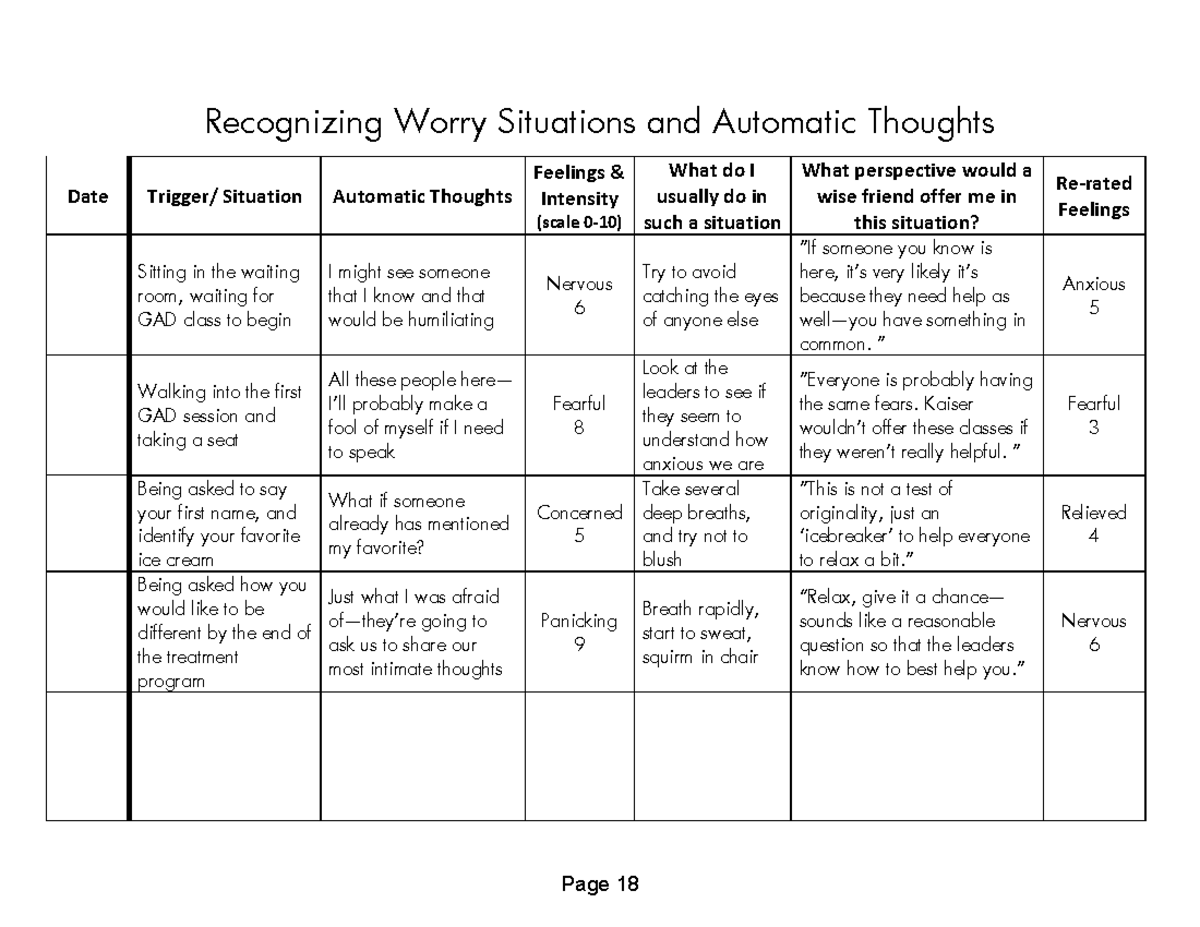 Automatic Thoughts RecordAutomatic Thoughts Record - Recognizing Worry ...