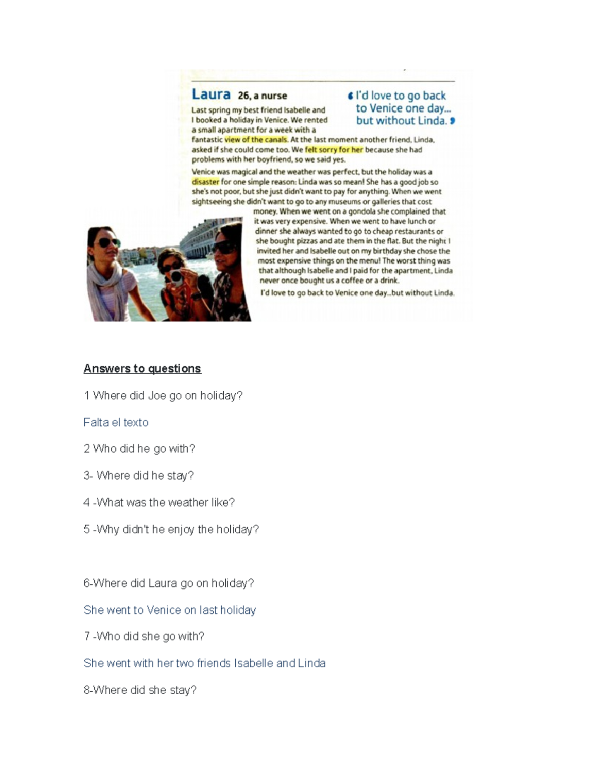 Int- Lesson 4 reading comp - Ingles 1 - Answers to questions 1 Where ...