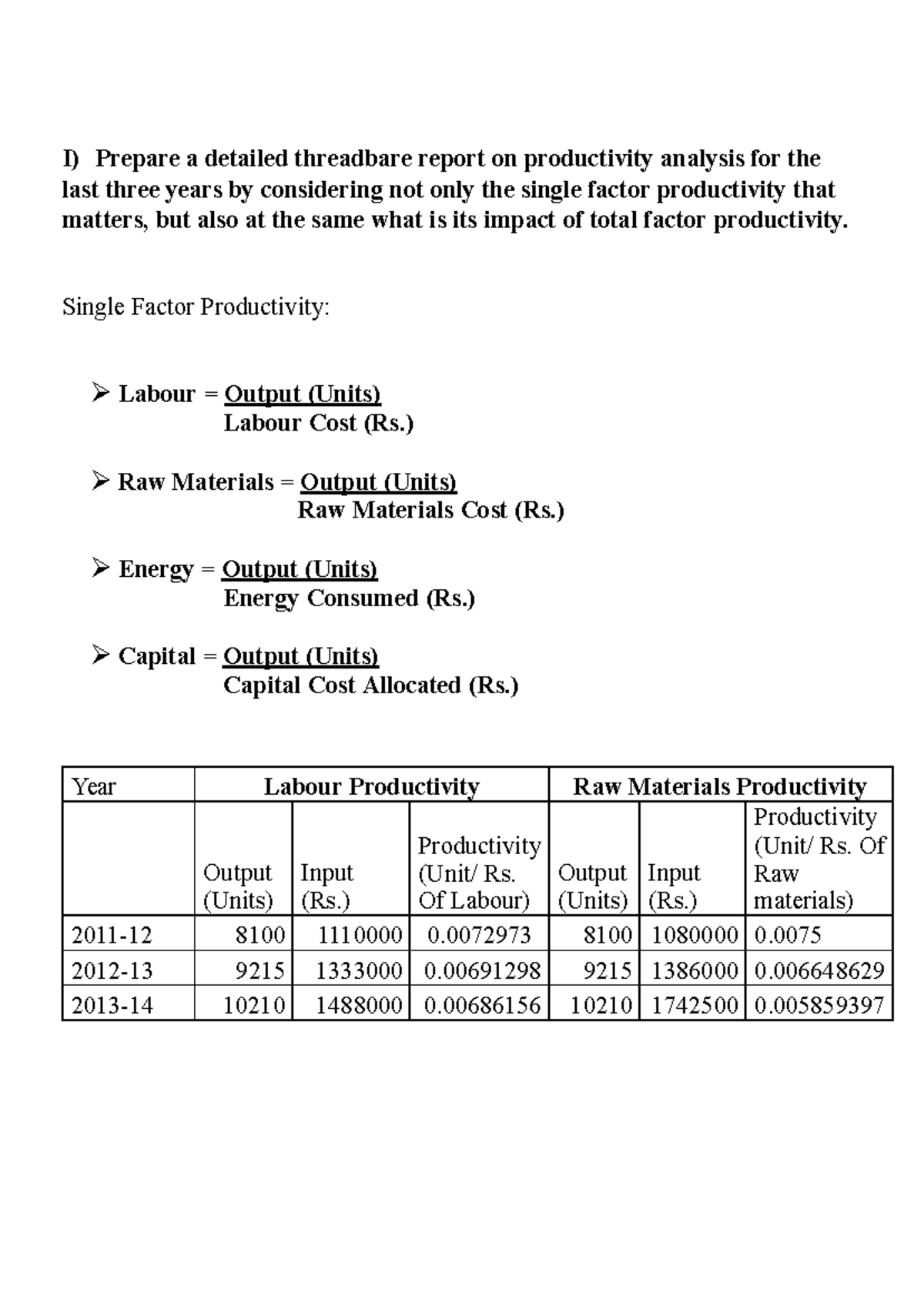 Operations Management Report FIVE I) Prepare a detailed threadbare report on productivity