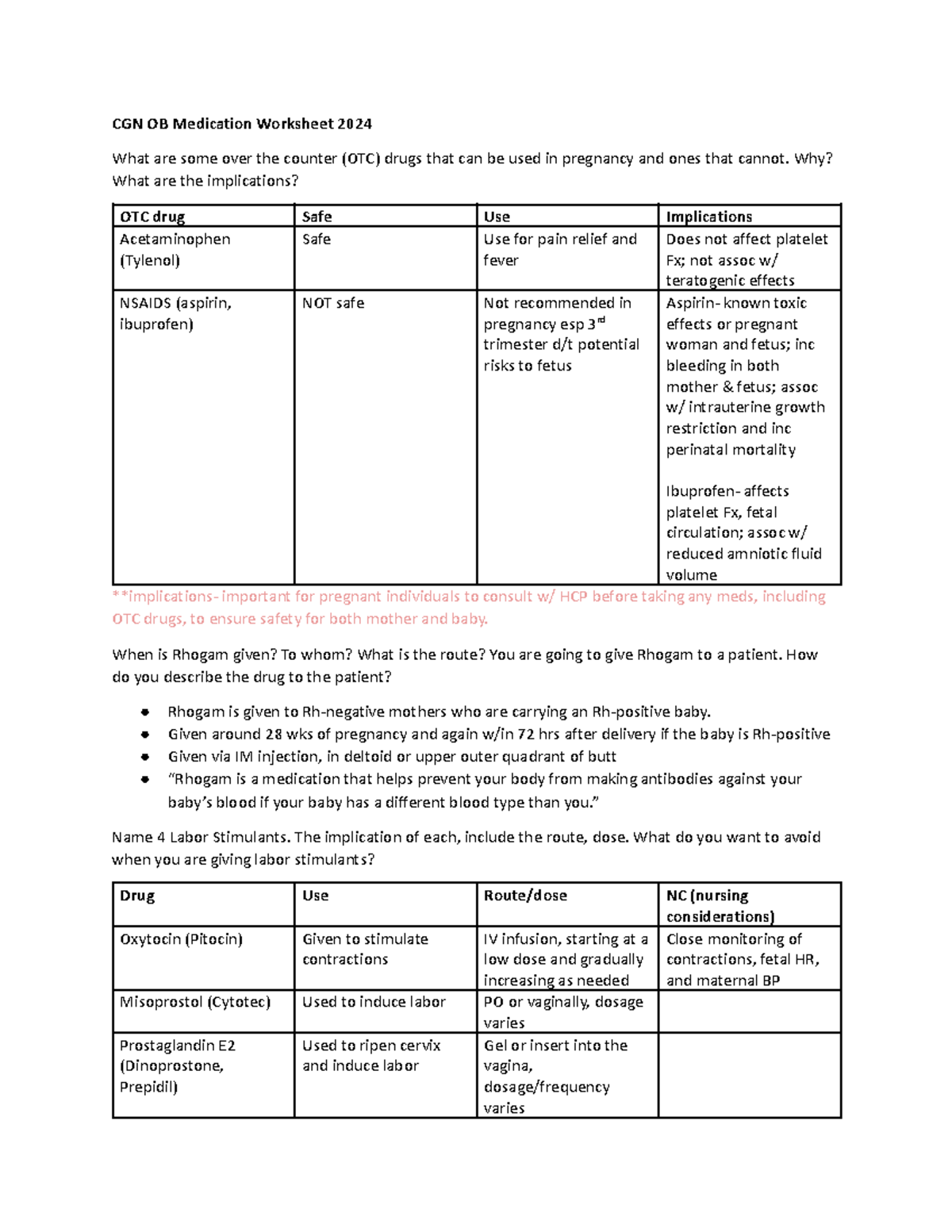 OB med wrksht - ob medications - CGN OB Medication Worksheet 2024 What ...