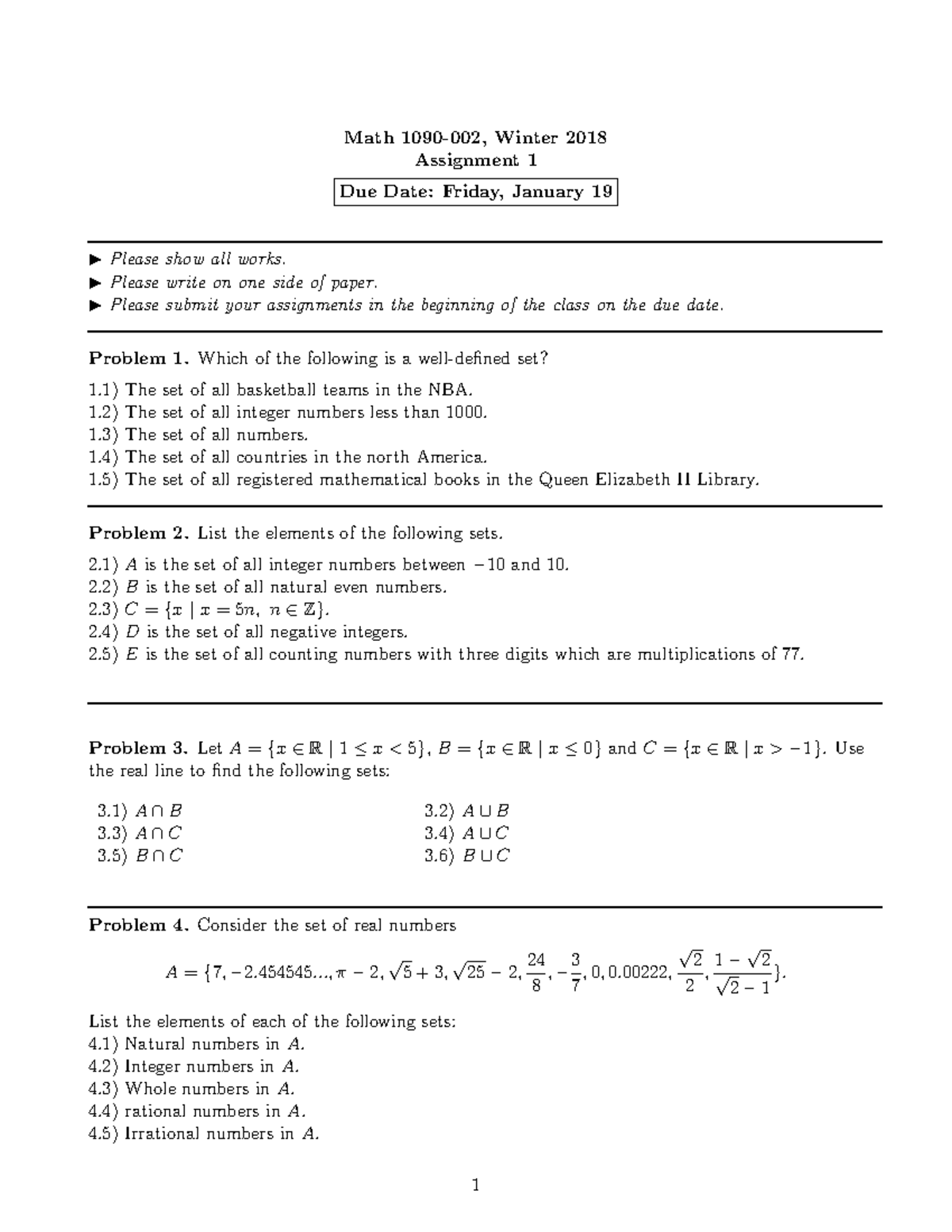 Math1090-Assignment 1 - Math Winter 2018 Assignment 1 Due Date: Friday ...