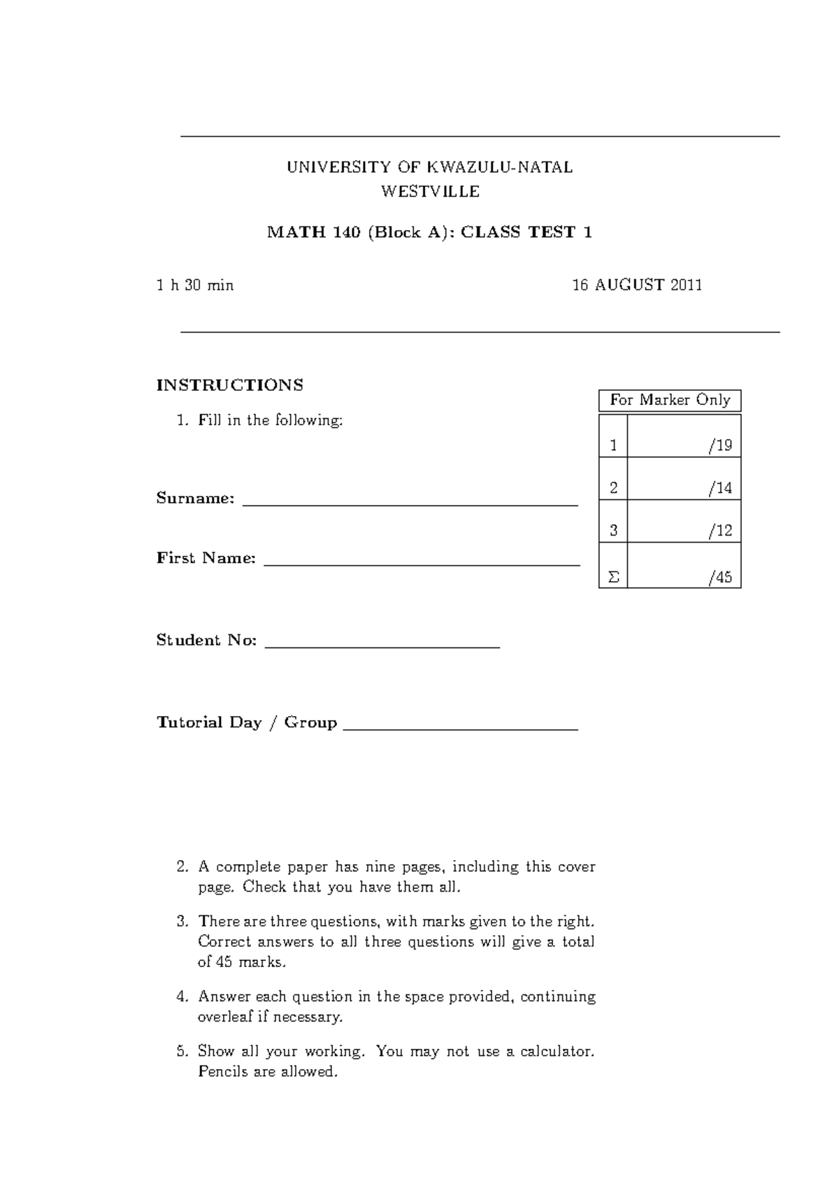 MATH140 TEST 1 2011 - MATH 140 TEST 1 - UNIVERSITY OF KWAZULU-NATAL ...