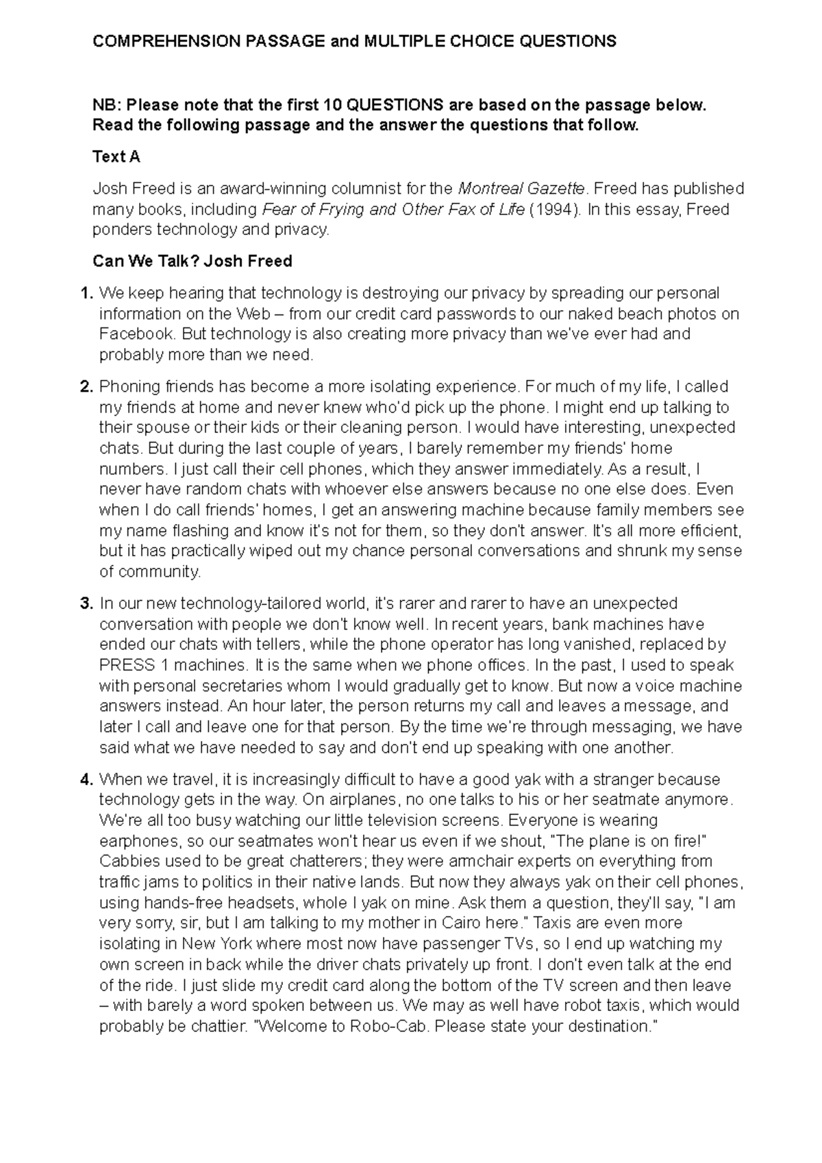 Comprehension Passage for the 1st 10 Multiple Choice Questions 2 ...