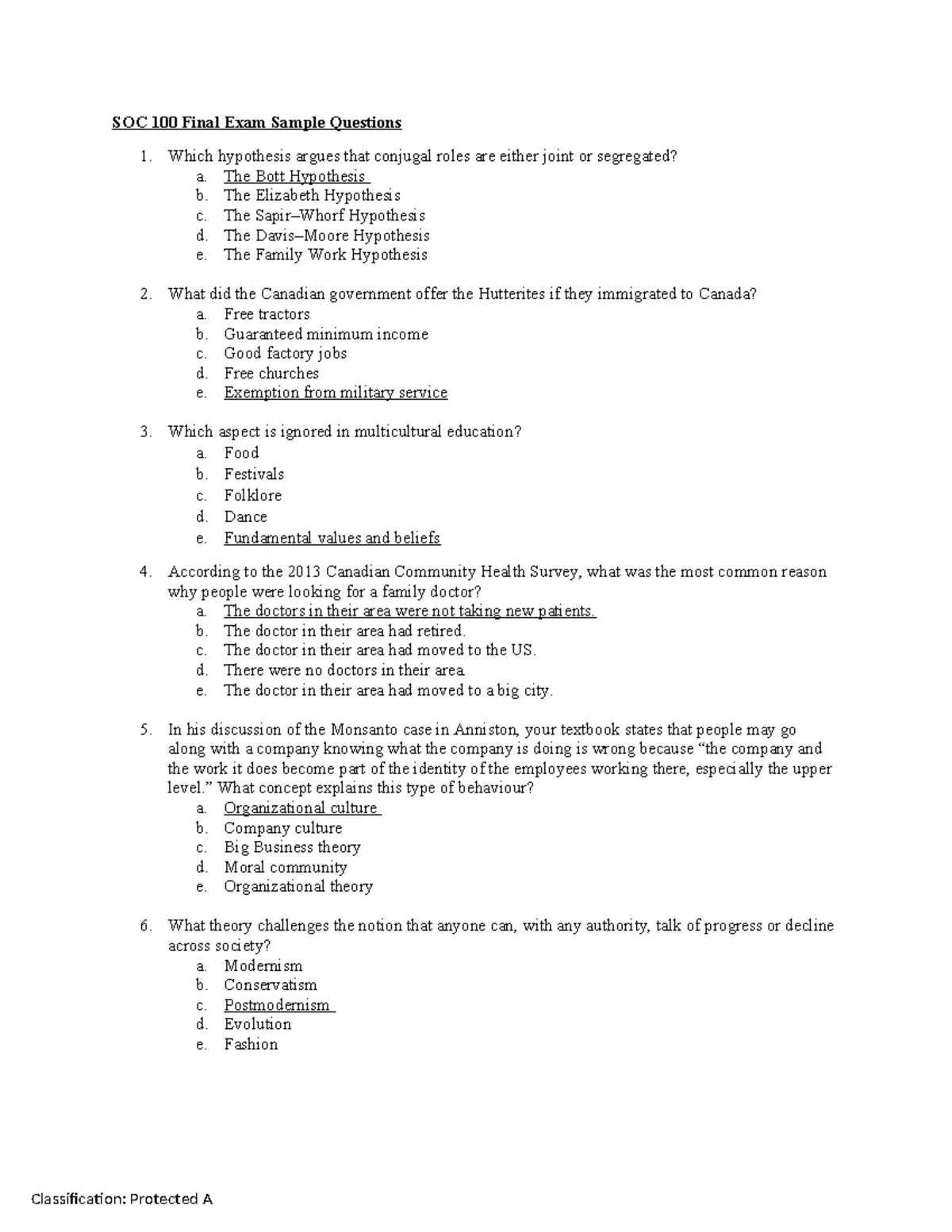 SOC 100 Final Exam Sample Questions 2 Classification Protected A SOC