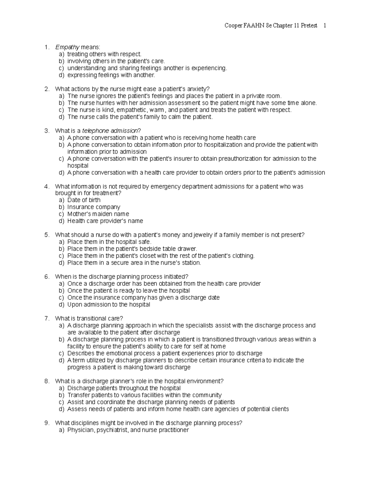 Chapter 011 - Cooper FAAHN 8e Chapter 11 Pretest 1 Empathy Means: A ...