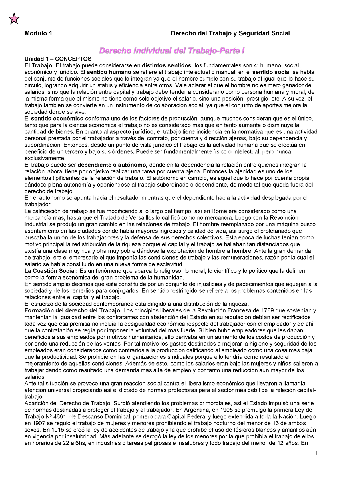 Resumen Derecho Laboral MUY COMPLETO SIRVE PARA EL PARCIAL - Modulo 1 ...