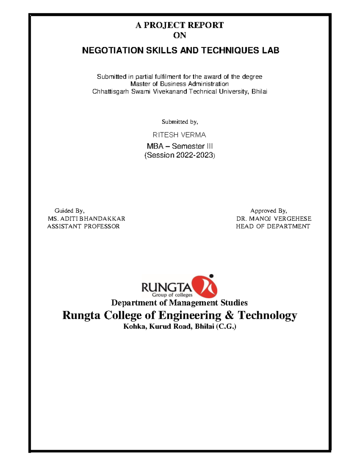 Nego Final - 1 A PROJECT REPORT ON NEGOTIATION SKILLS AND TECHNIQUES ...
