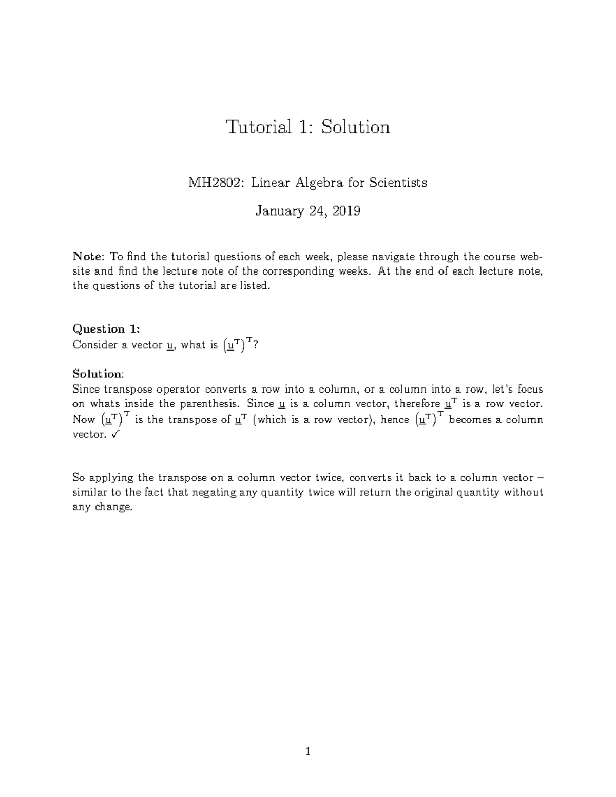 MH2802 Tutorial 1 sol - Tutorial 1: Solution MH2802: Linear Algebra for ...