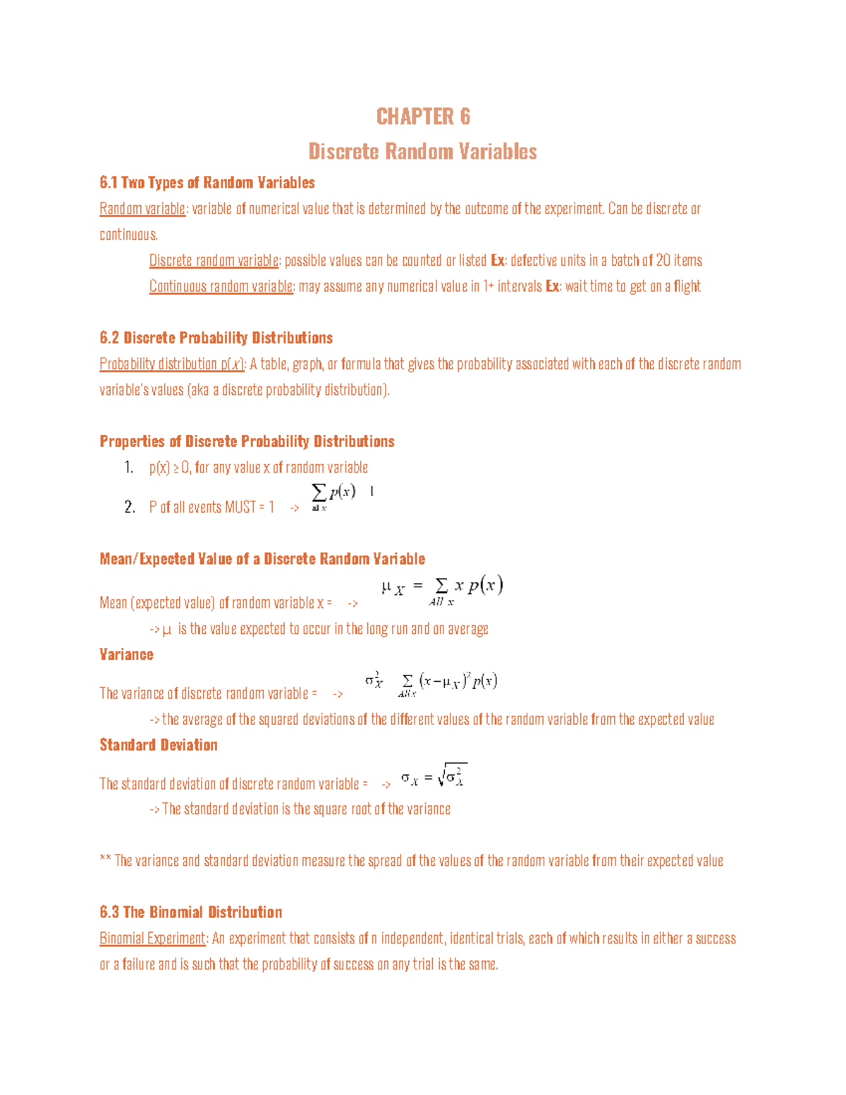 Comm 215 - Ch 6 Notes - CHAPTER 6 Discrete Random Variables 6 Two Types ...