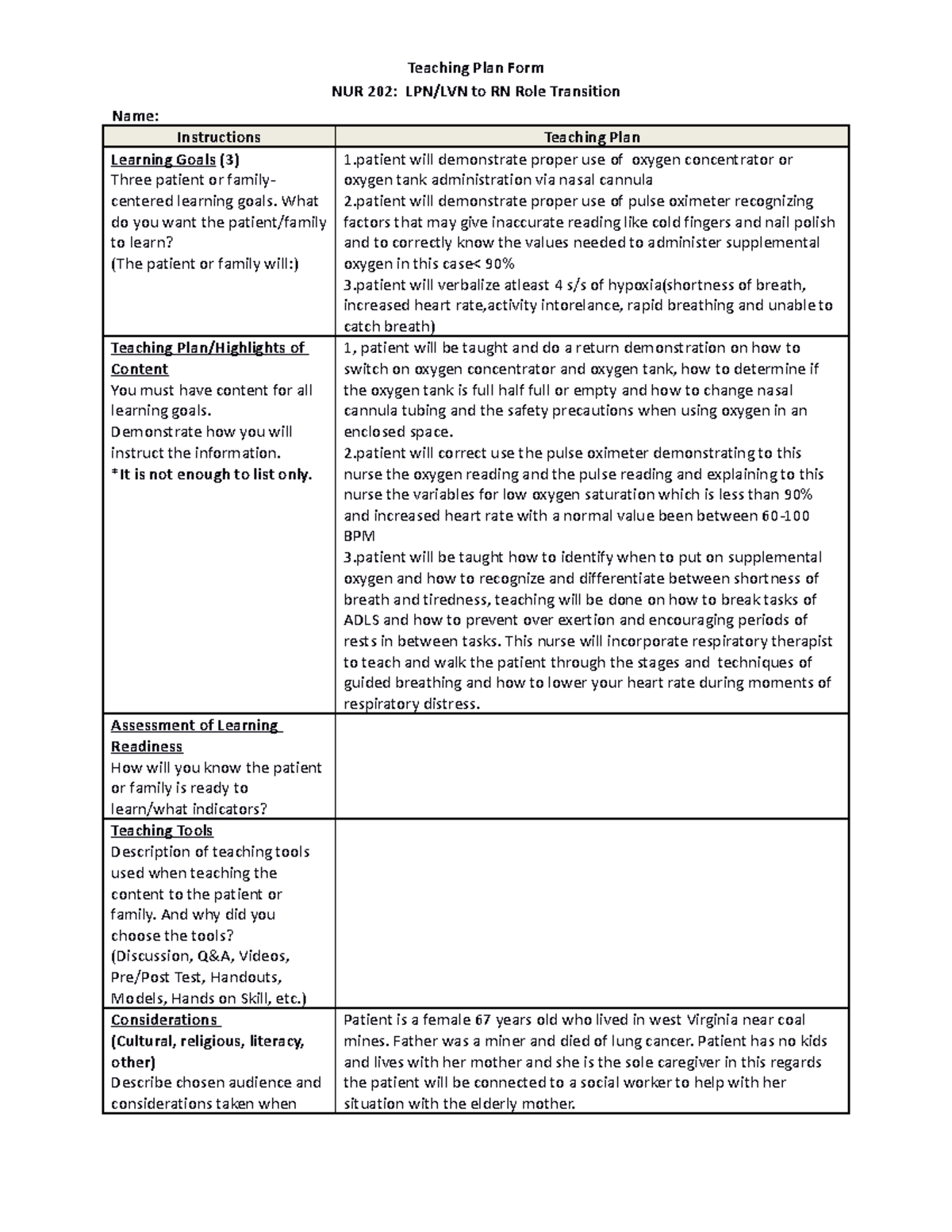 Teaching Plan draft - course - Teaching Plan Form NUR 202: LPN/LVN to ...