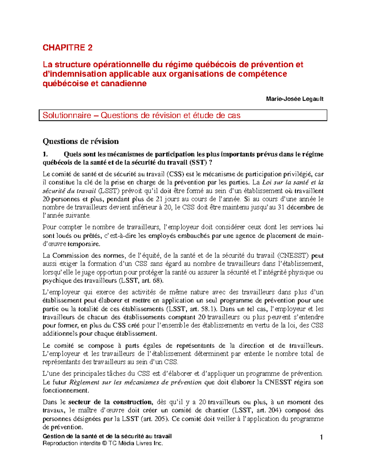 RIN1015 solutionnaire semaine 2 - Gestion de la santé et de la sécurité ...