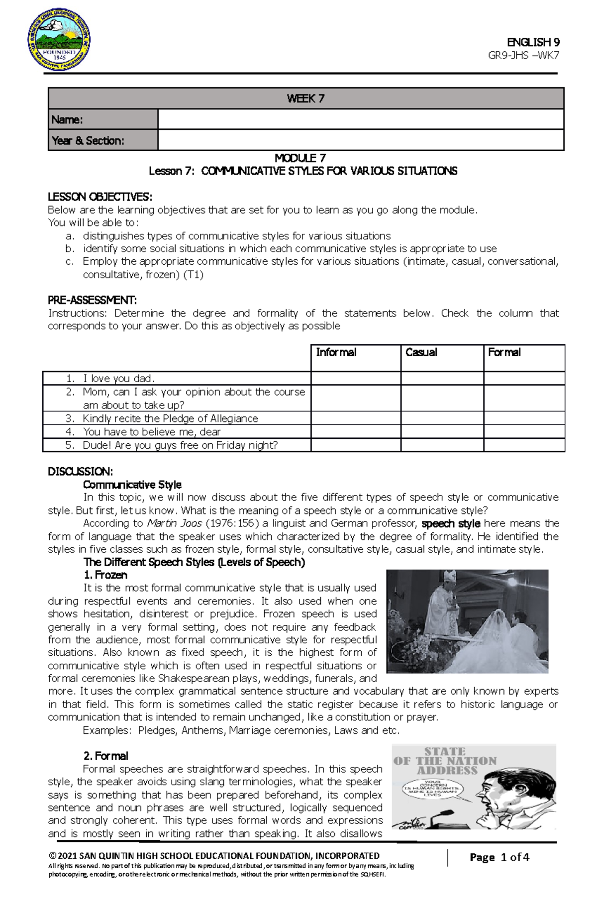 grade 9 english unit 7 lesson 1 answer