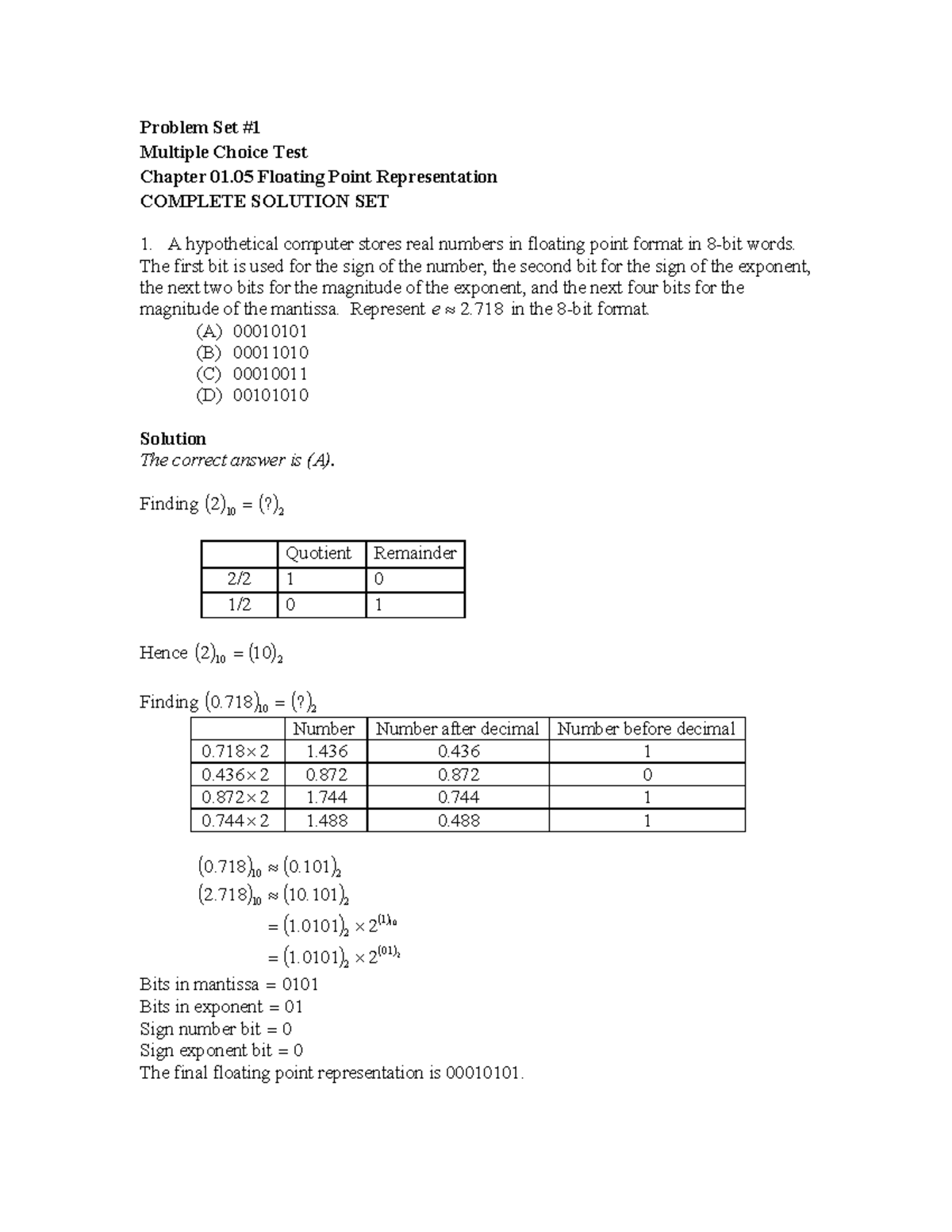 floating point answers chapter 4 manual - Problem Set # Multiple Choice ...