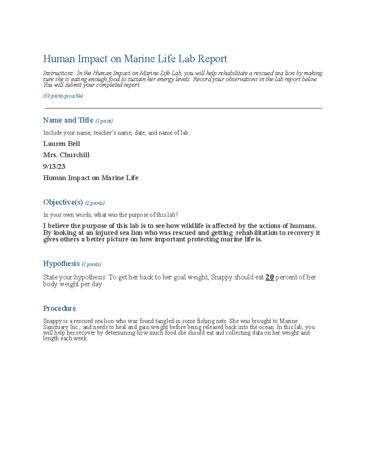 Human Impact on Marine Life Lab Report Human Impact on Marine Life