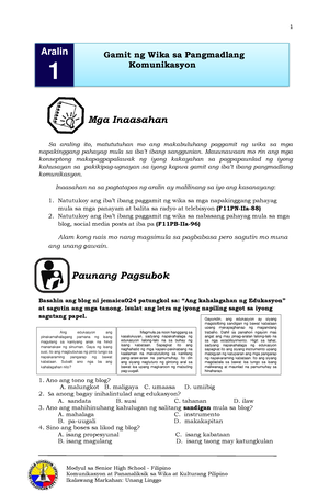 Filipino Komunikasyon Q2 Week 2 Validated With Answer Sheet - Modyul Sa ...