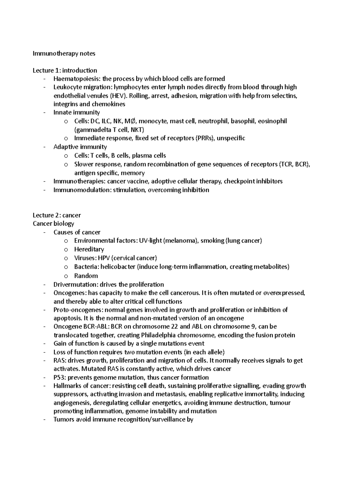 Immunotherapy notes - Noter til hele pensum i immunterapi. Undervisere ...