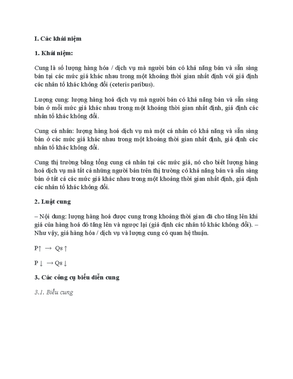 Lý-thuyết-cung - học - I. Các khái niệm Khái niệm: Cung là số lượng hàng hóa / dịch vụ mà người bán - Studocu