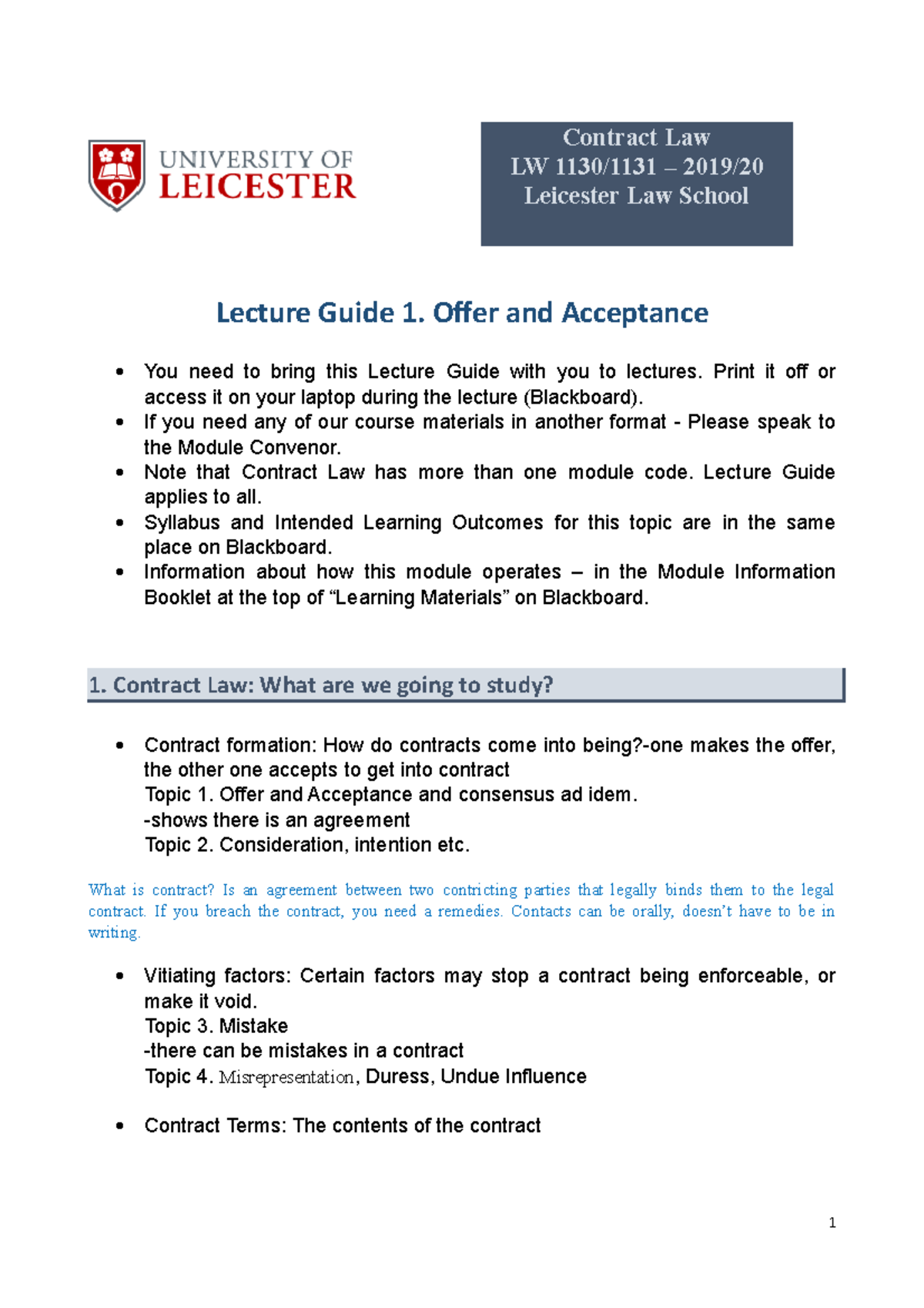 Offer and Acceptance - Lecture notes 1 - Contract Law LW 1130/1131 ...