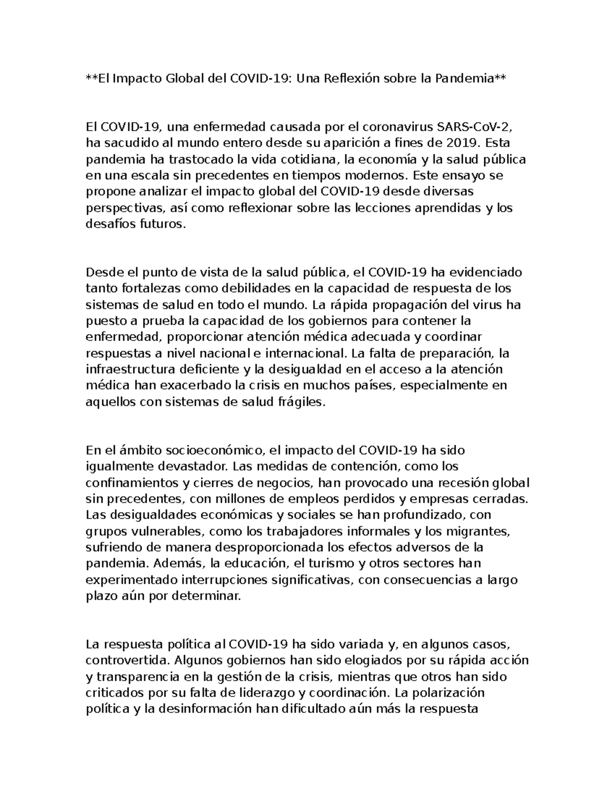 Ensayo de la amiga de mi bb - El Impacto Global del COVID-19: Una ...