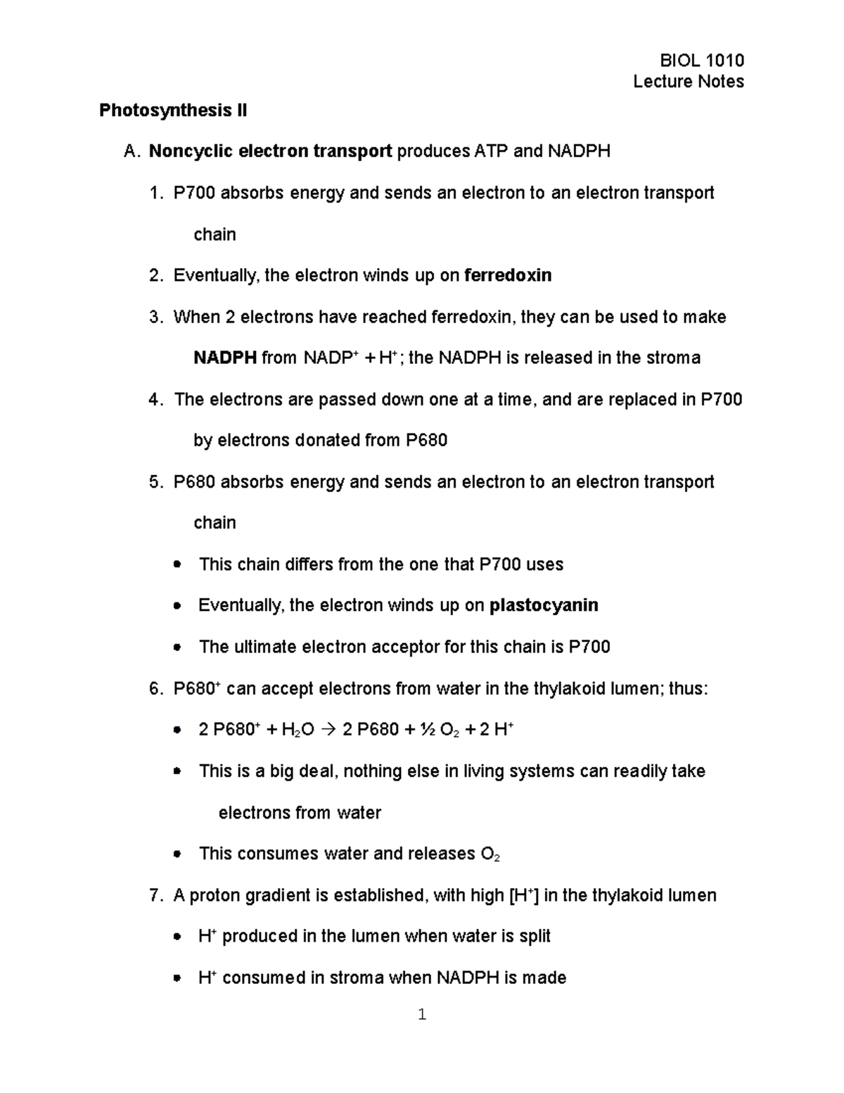 2021 BIOL 1010 Biology Lecture Notes Photosynthesis 12B - Lecture Notes ...