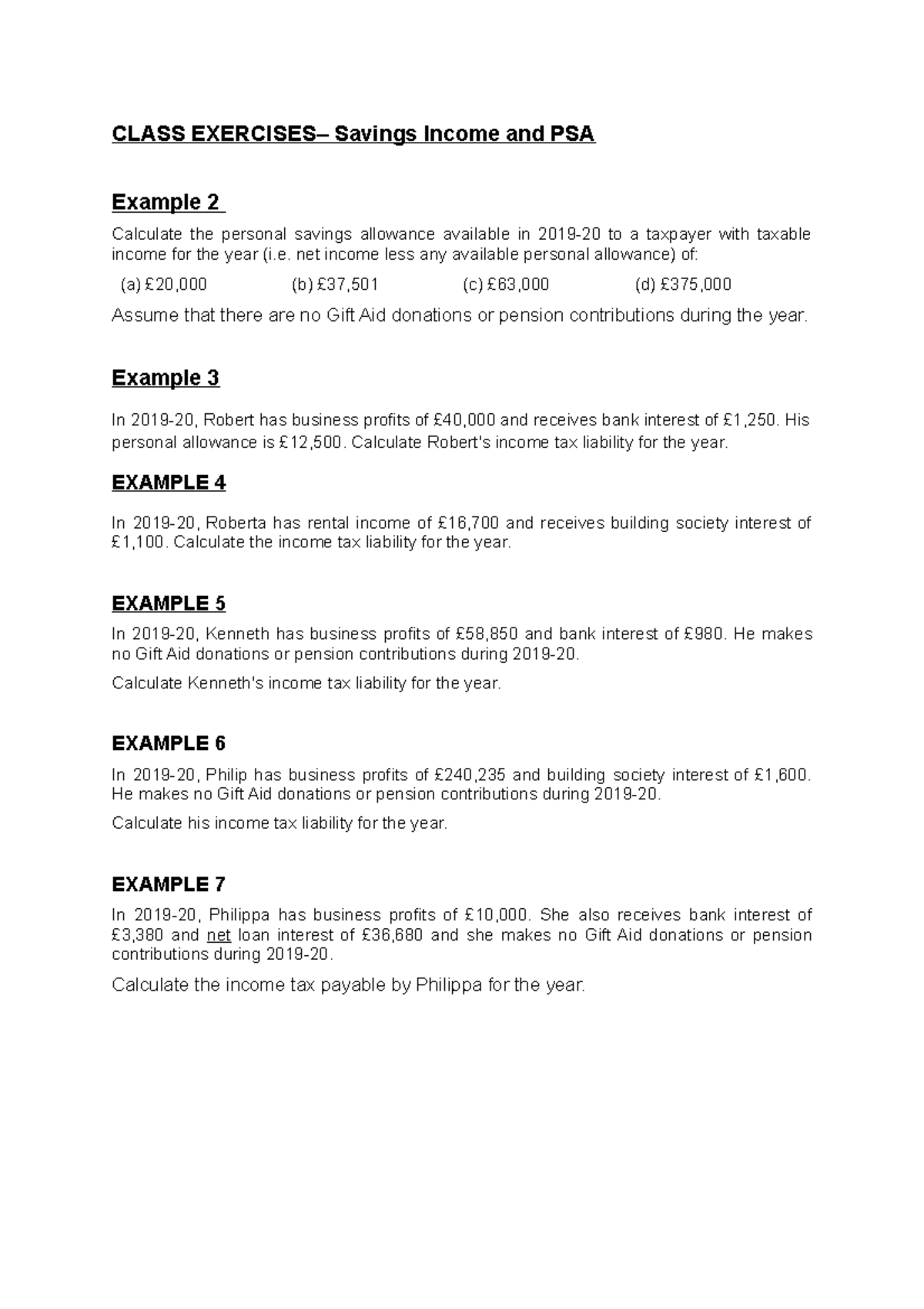 Class Exercises Savings, PSA and Dividends CLASS EXERCISES Savings