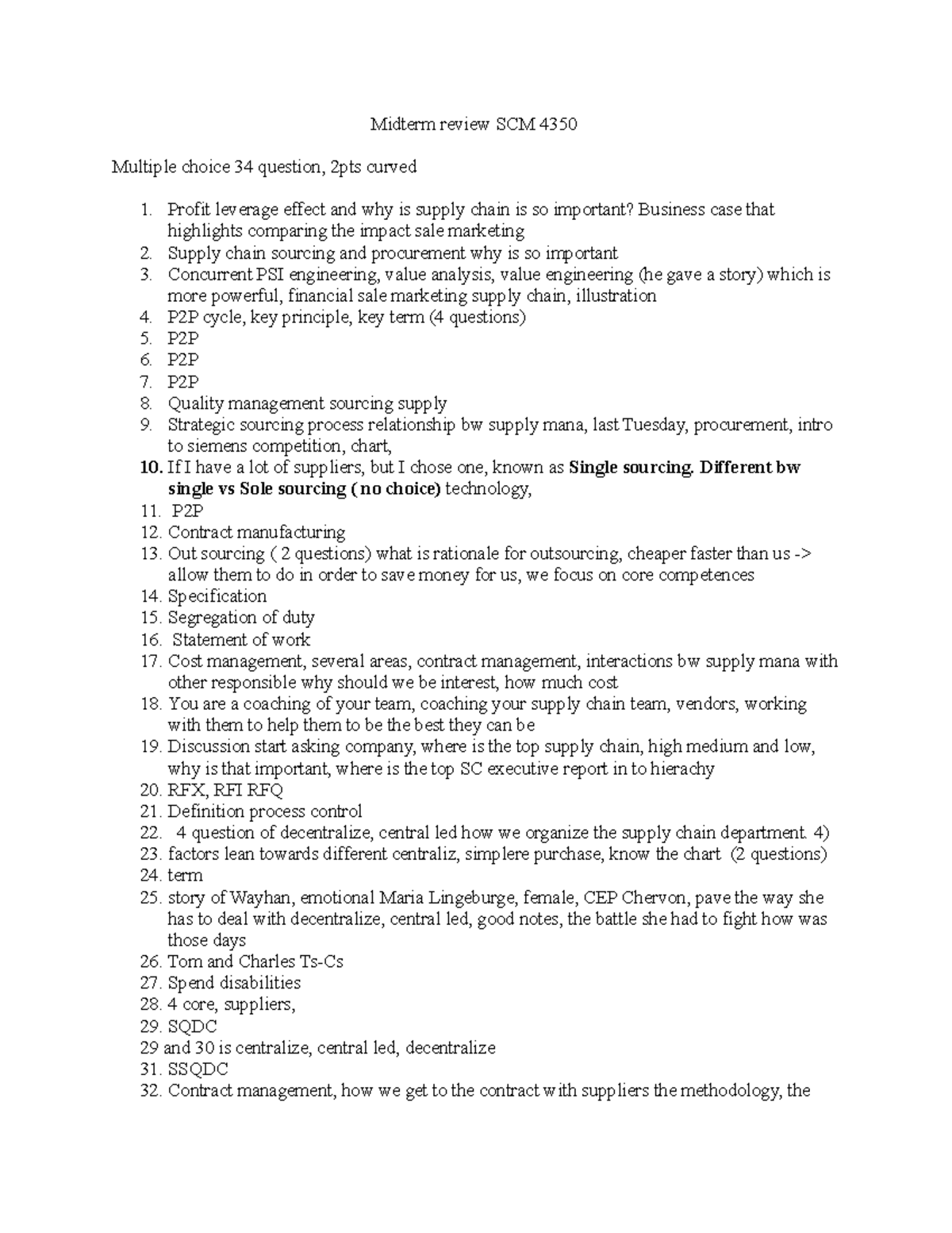 Final Exam Review Midterm review SCM 4350 Multiple choice 34 question