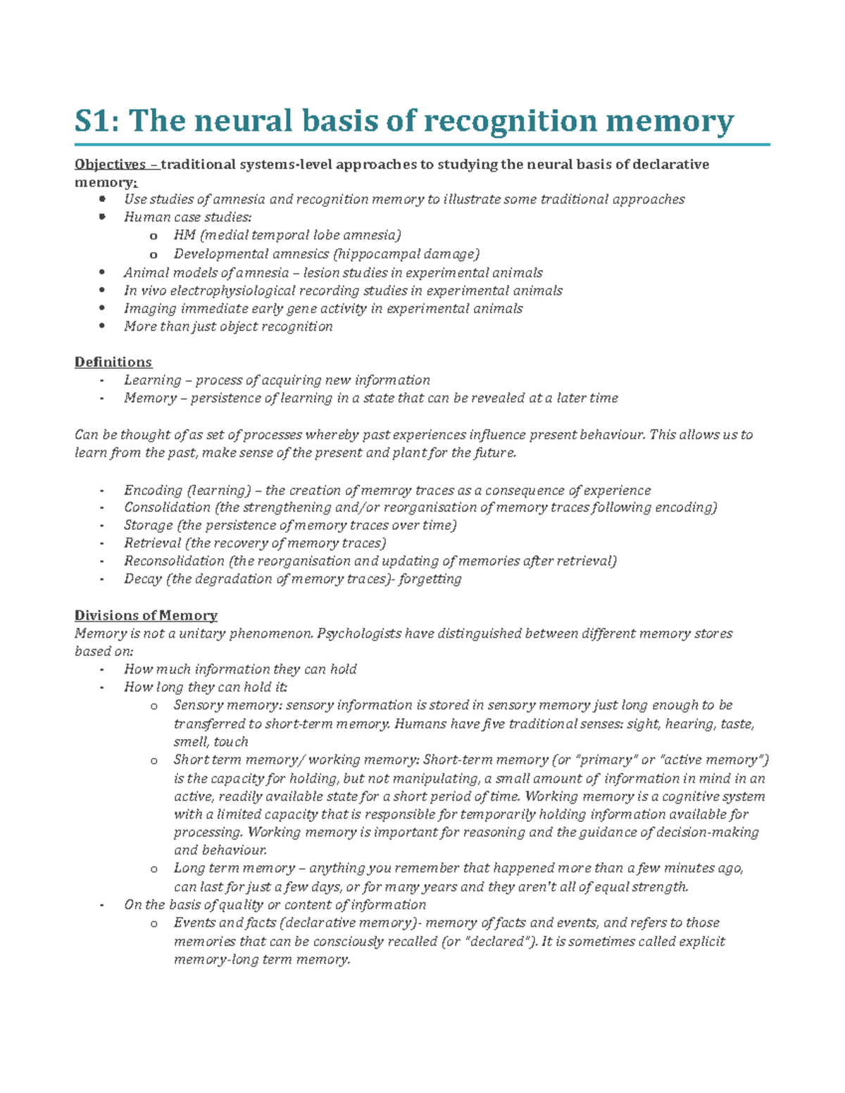 Seminar 1 - Lecture notes 1 - S1: The neural basis of recognition ...