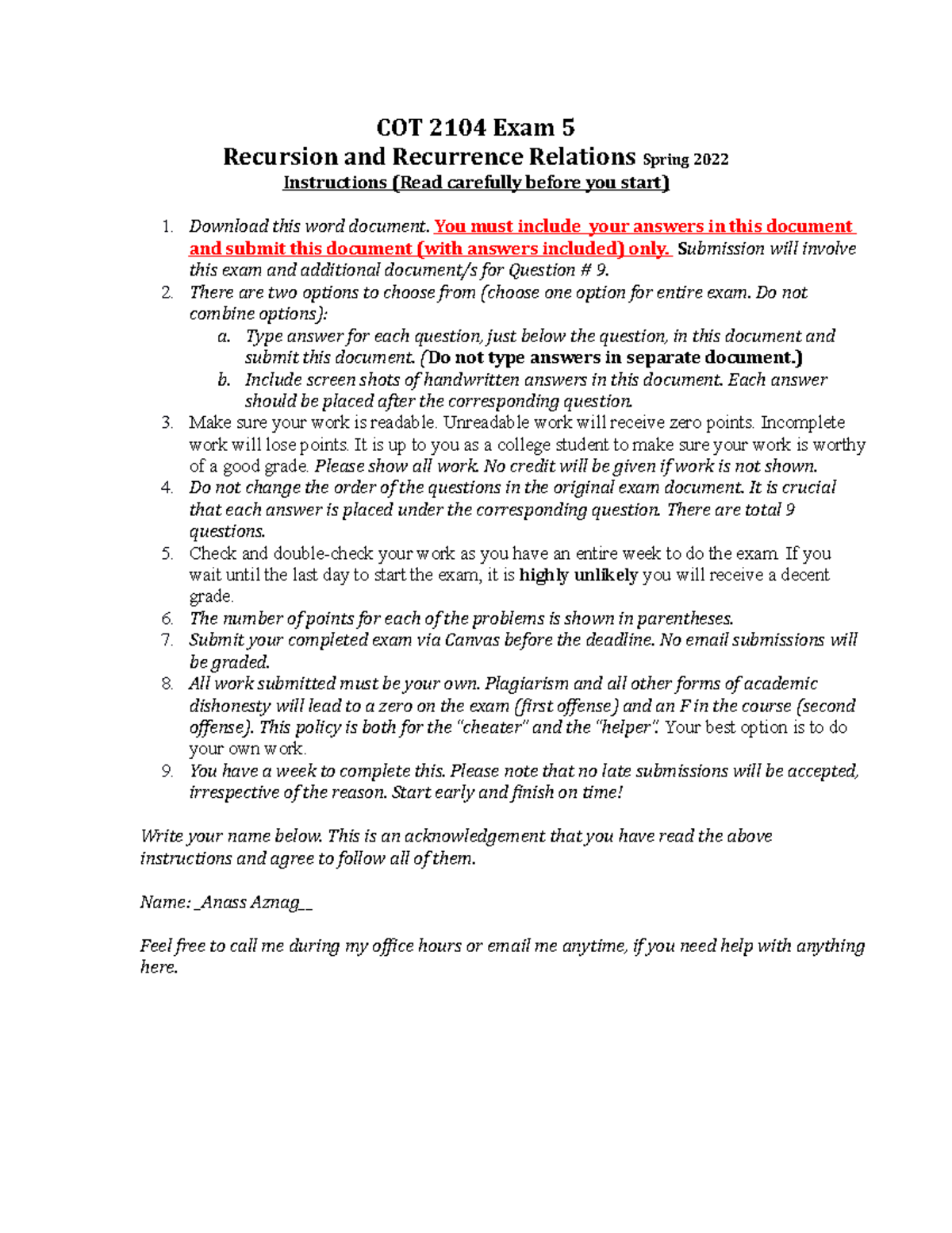 COT 2104 Exam 5 Recursion Spring 2022 COT 2104 Exam 5 Recursion and